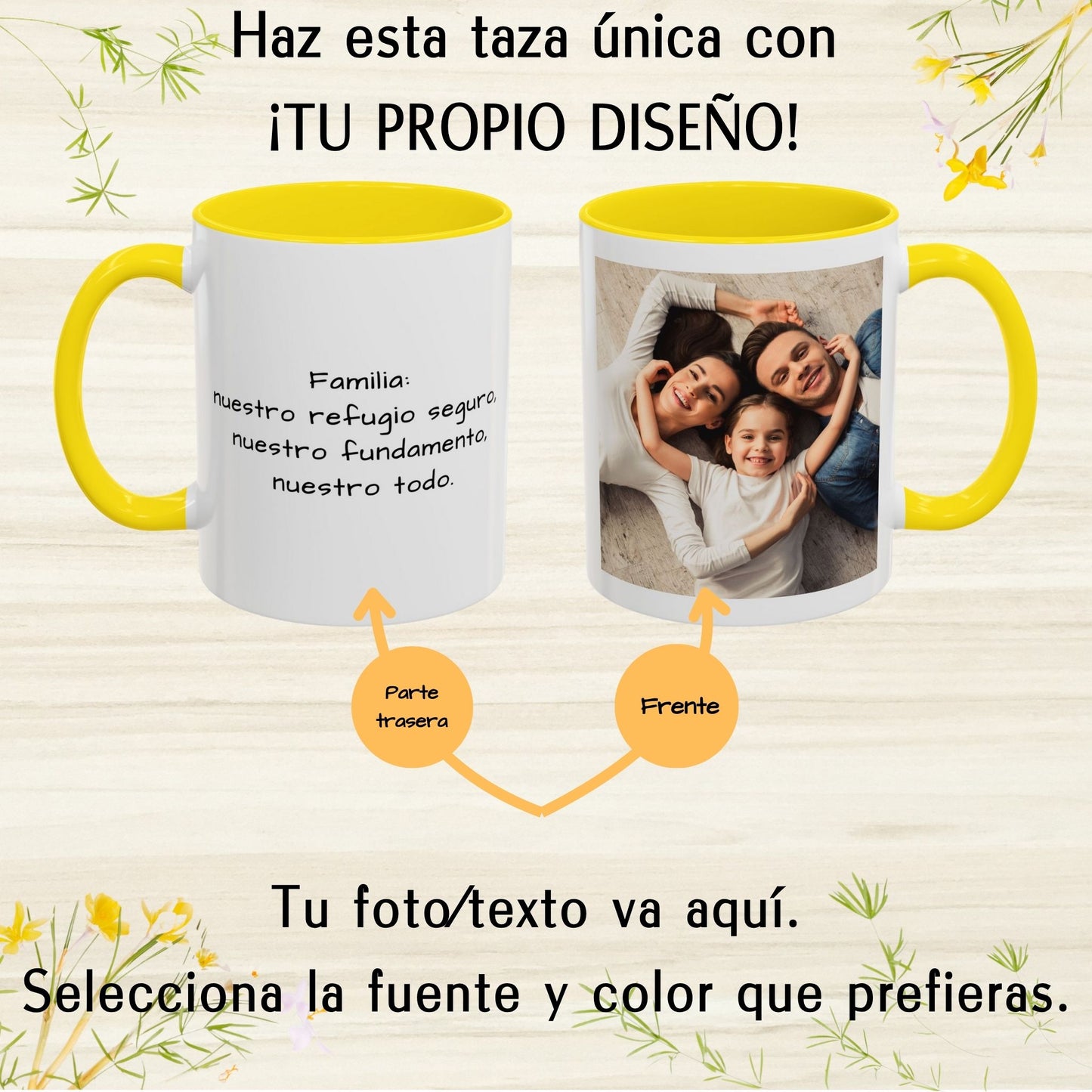 Mug personnalisé, 325ml Blanc/jaune Design carré Céramique Mug à café, Cadeau personnalisé avec photo, texte ou logo