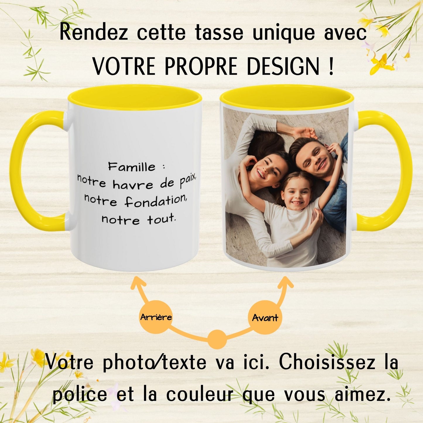 Tasse personnalisée, 325 ml, en céramique, design carré blanc/jaune, cadeau personnalisé avec photo, texte ou logo