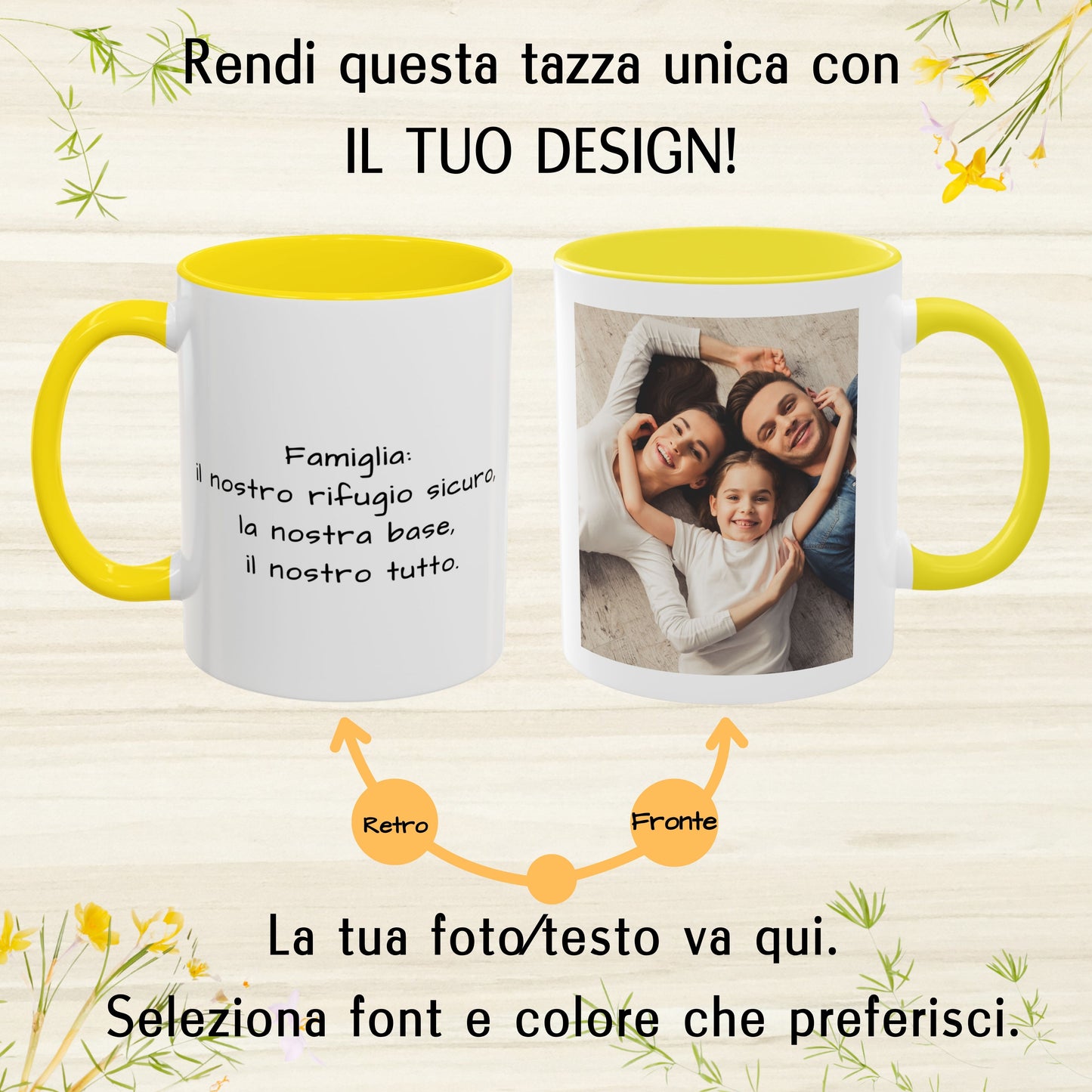 Tazza personalizzata, 325 ml Bianco/giallo Design quadrato Tazza da caffè in ceramica, Regalo personalizzato con foto, testo o logo