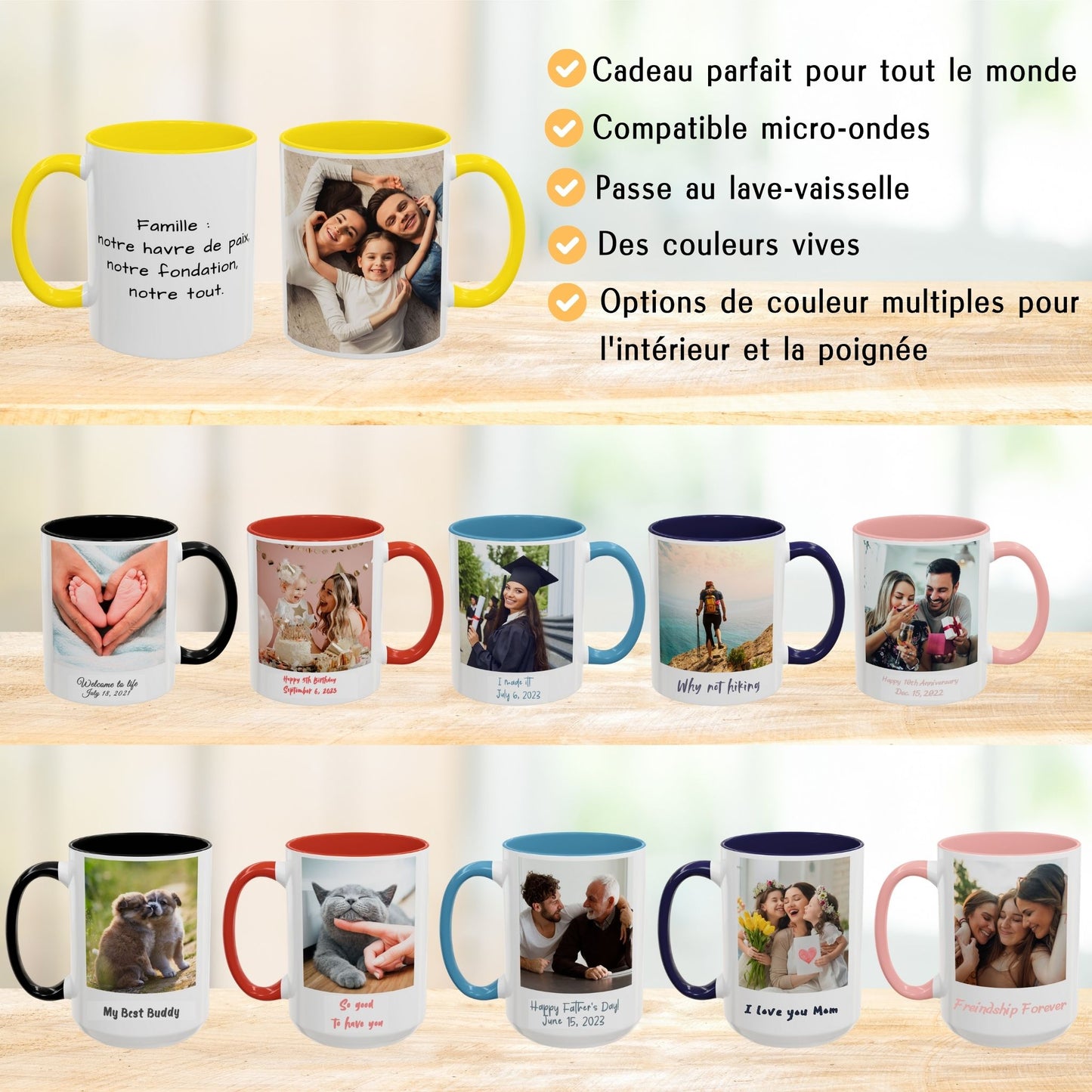 Tasse personnalisée, 325 ml, en céramique, design carré blanc/jaune, cadeau personnalisé avec photo, texte ou logo