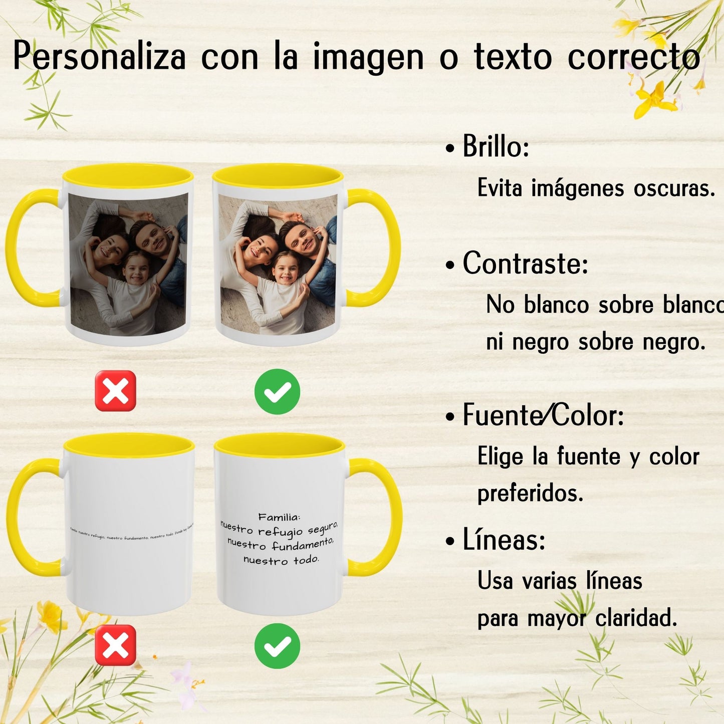Mug personnalisé, 325ml Blanc/jaune Design carré Céramique Mug à café, Cadeau personnalisé avec photo, texte ou logo