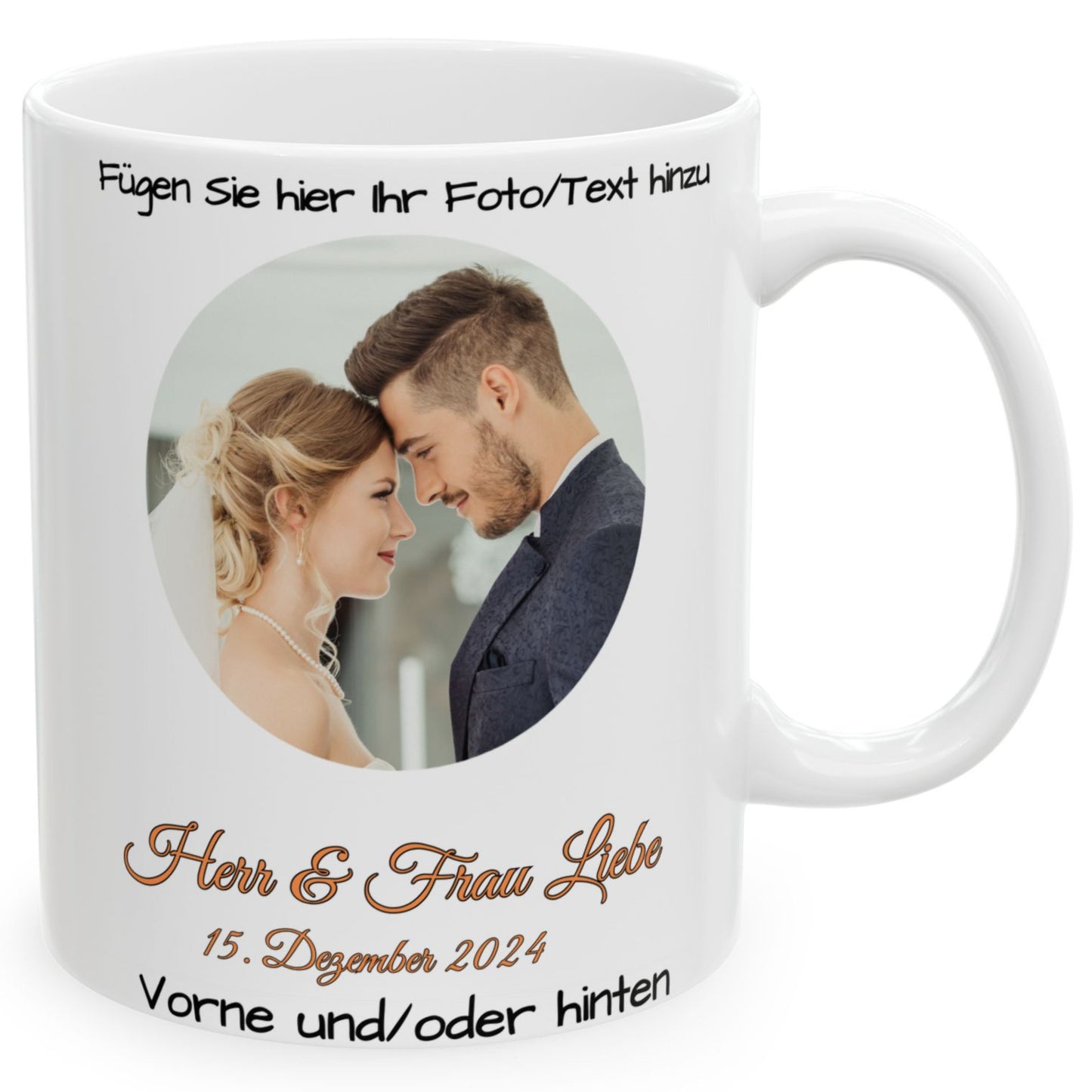 Personalisierte Tasse, weiß, 325 ml, Geschenkidee mit Foto, Text oder Logo, Kreisdesign