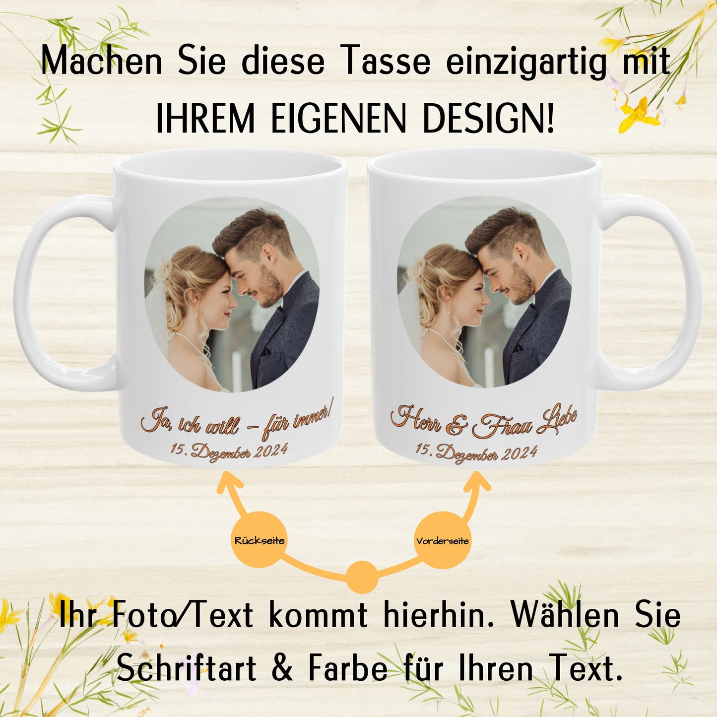 Personalisierte Tasse, weiß, 325 ml, Geschenkidee mit Foto, Text oder Logo, Kreisdesign