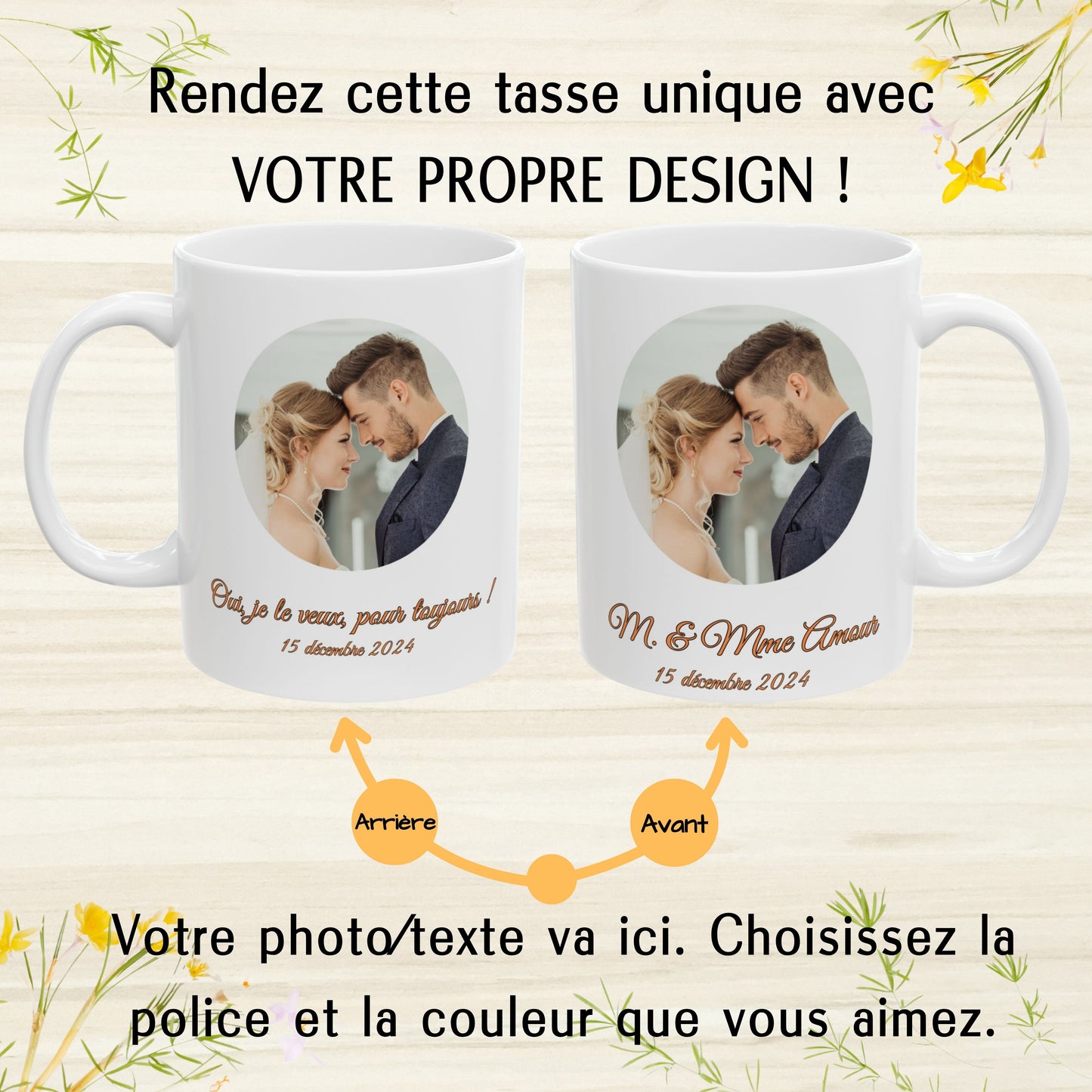 Tasse personnalisée, 325 ml, en céramique blanche avec motif circulaire, cadeau personnalisé avec photo, texte ou logo