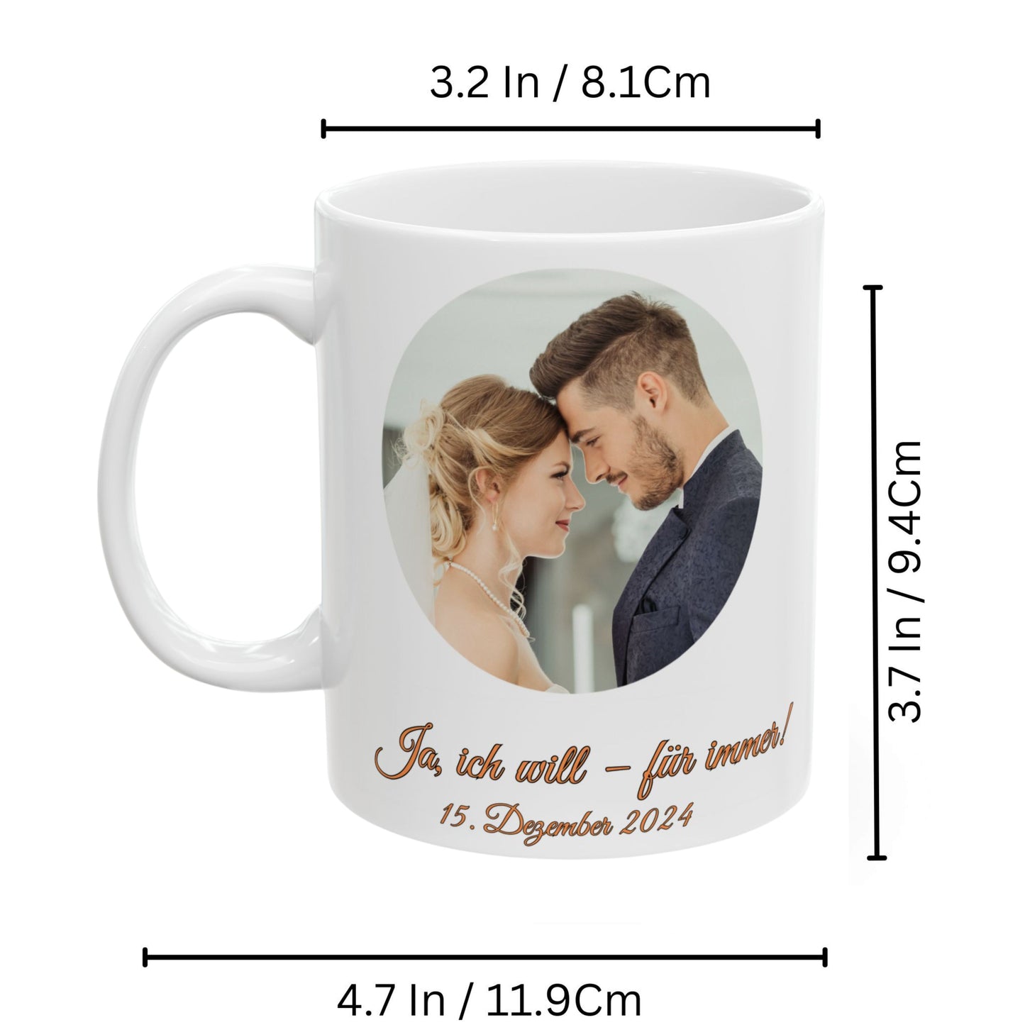 Personalisierte Tasse, weiß, 325 ml, Geschenkidee mit Foto, Text oder Logo, Kreisdesign