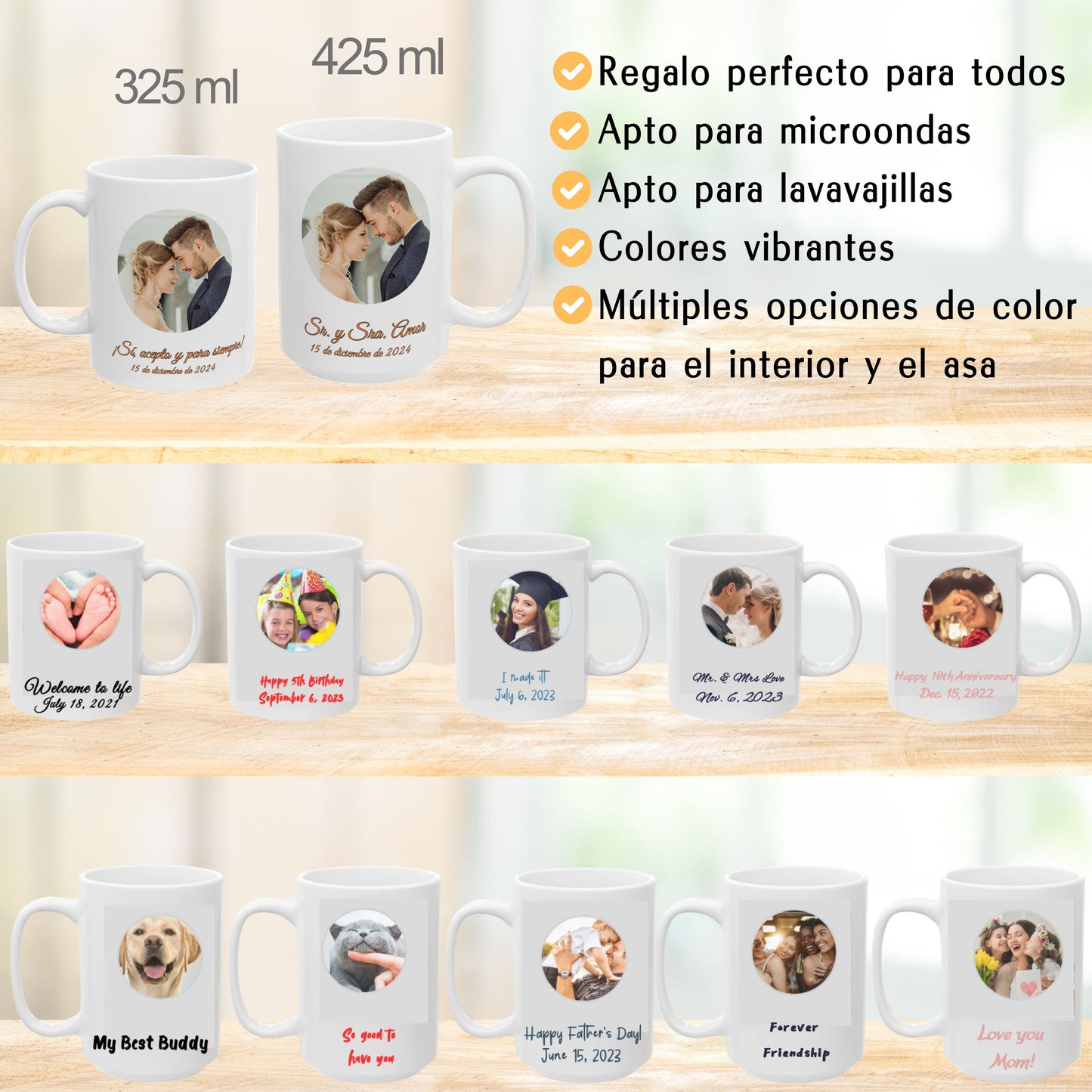 Taza personalizada, 325ml Todo blanco Diseño circular Cerámica Taza de café, Regalo personalizado con foto, texto o logo