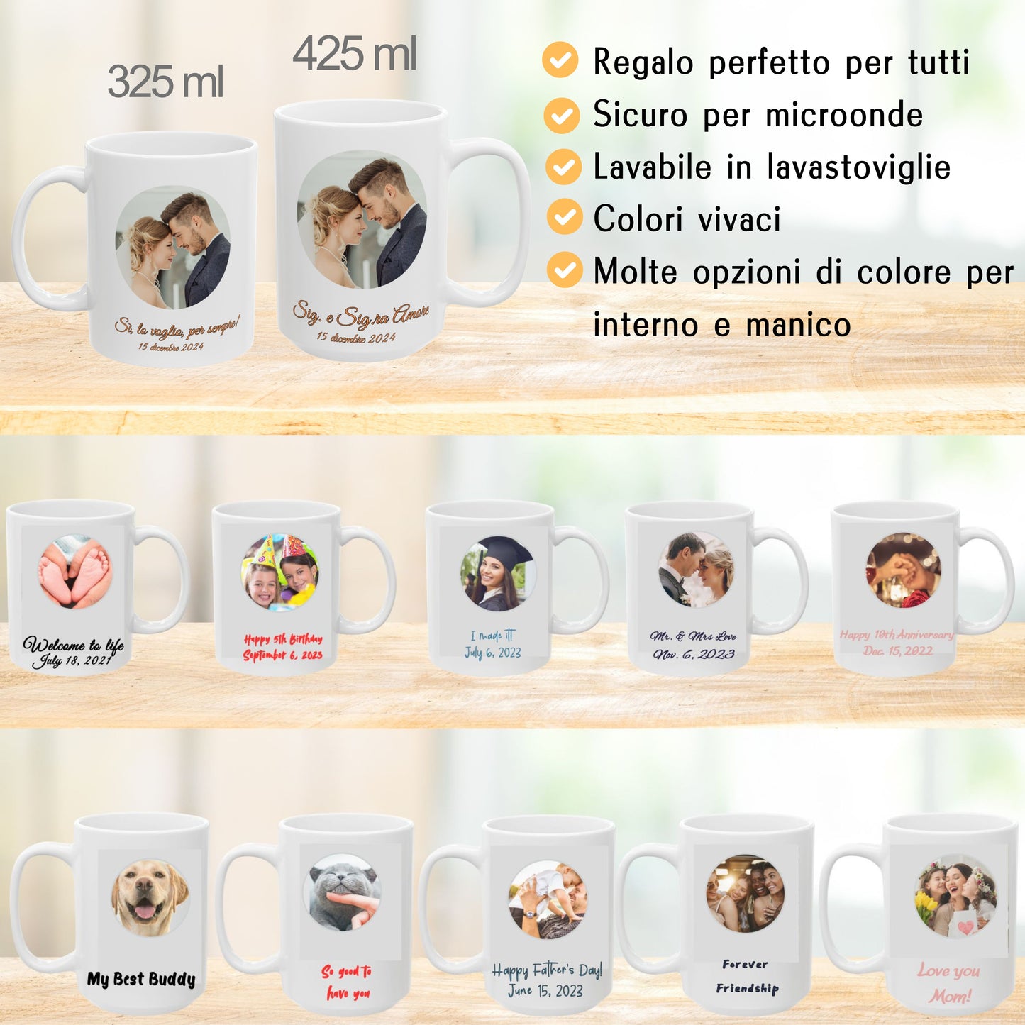 Tazza personalizzata, 325 ml Tutto bianco Design circolare Tazza da caffè in ceramica, Regalo personalizzato con foto, testo o logo