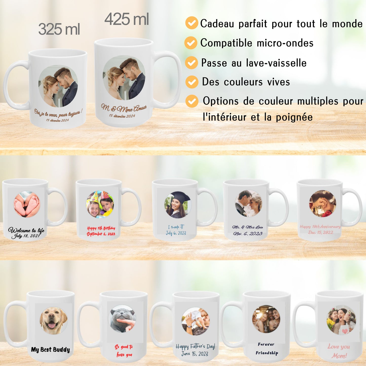 Tasse personnalisée, 325 ml, en céramique blanche avec motif circulaire, cadeau personnalisé avec photo, texte ou logo