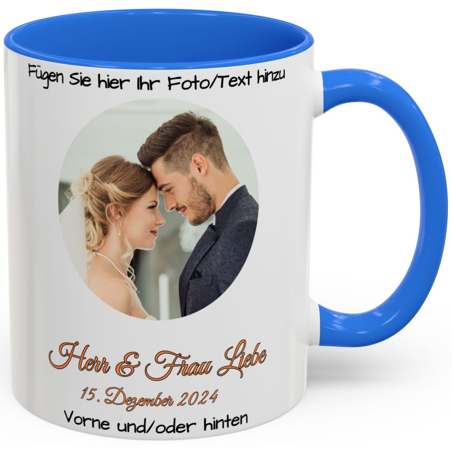 Personalisierte Tasse, weiß/Cambridge-Blau, 325 ml, Geschenkidee mit Foto, Text oder Logo, Kreisdesign