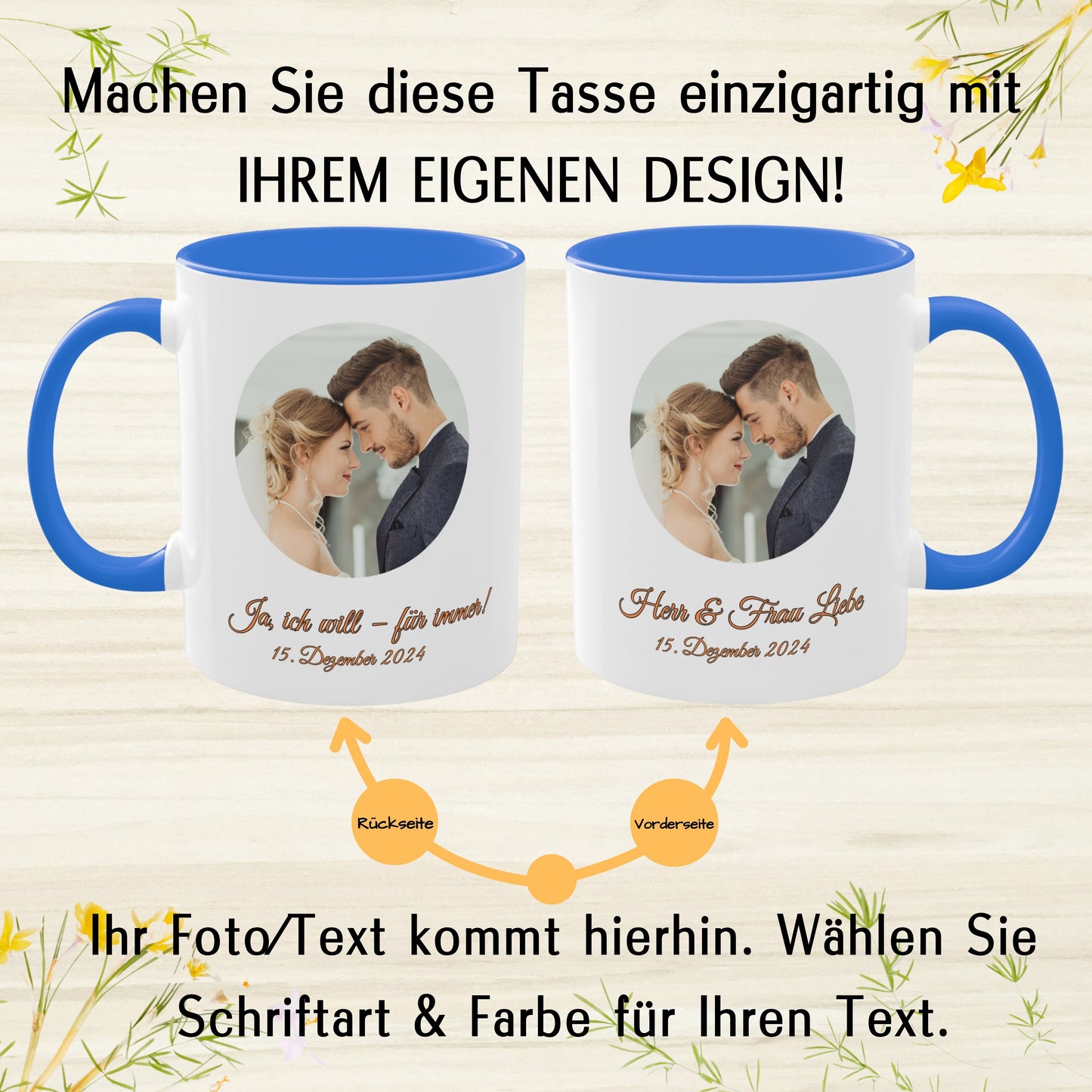Personalisierte Tasse, weiß/Cambridge-Blau, 325 ml, Geschenkidee mit Foto, Text oder Logo, Kreisdesign