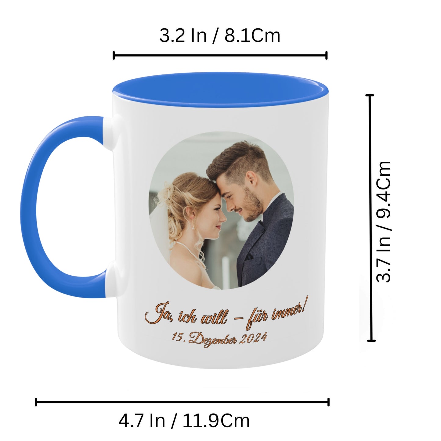Personalisierte Tasse, weiß/Cambridge-Blau, 325 ml, Geschenkidee mit Foto, Text oder Logo, Kreisdesign