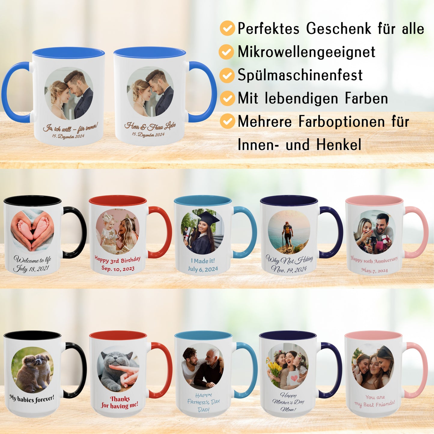 Personalisierte Tasse, weiß/Cambridge-Blau, 325 ml, Geschenkidee mit Foto, Text oder Logo, Kreisdesign