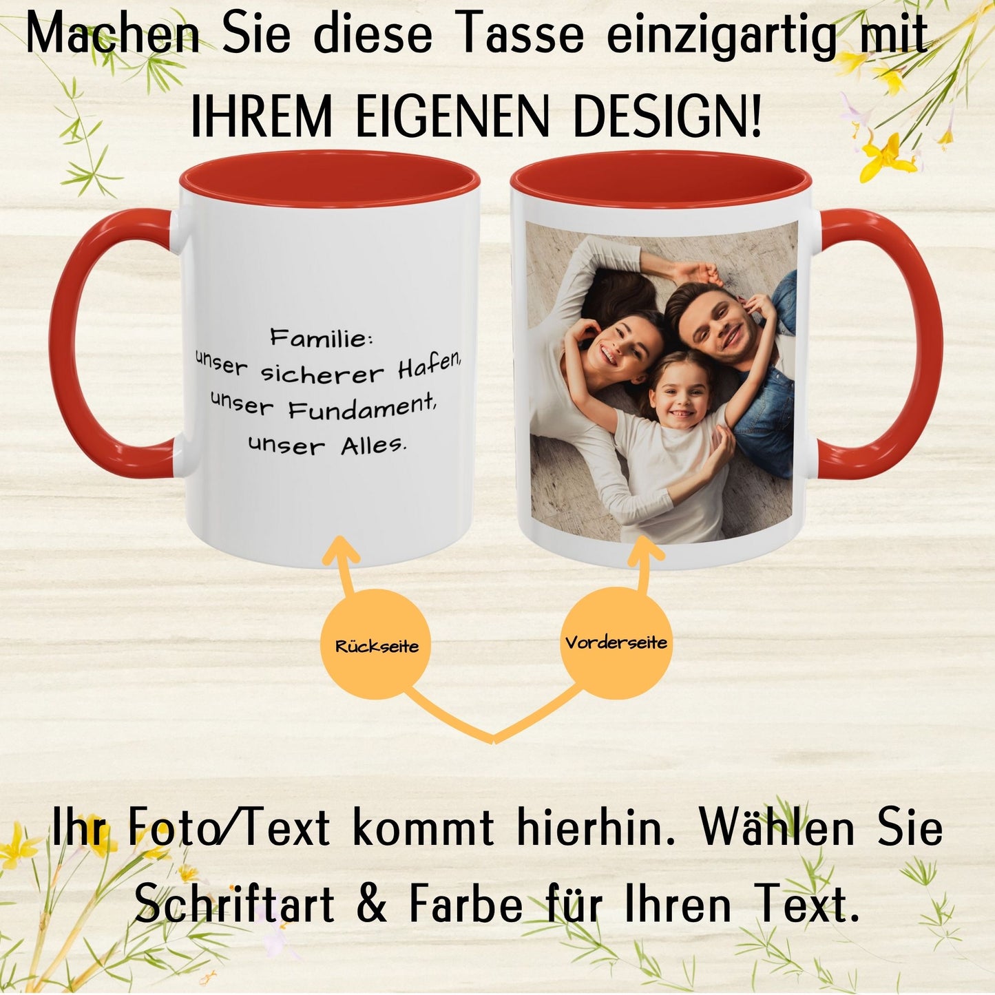 Custom Mug, 325ml White/Red Square Design Ceramic Coffee Mug, Personalized Gift with Photo, Text or Logo