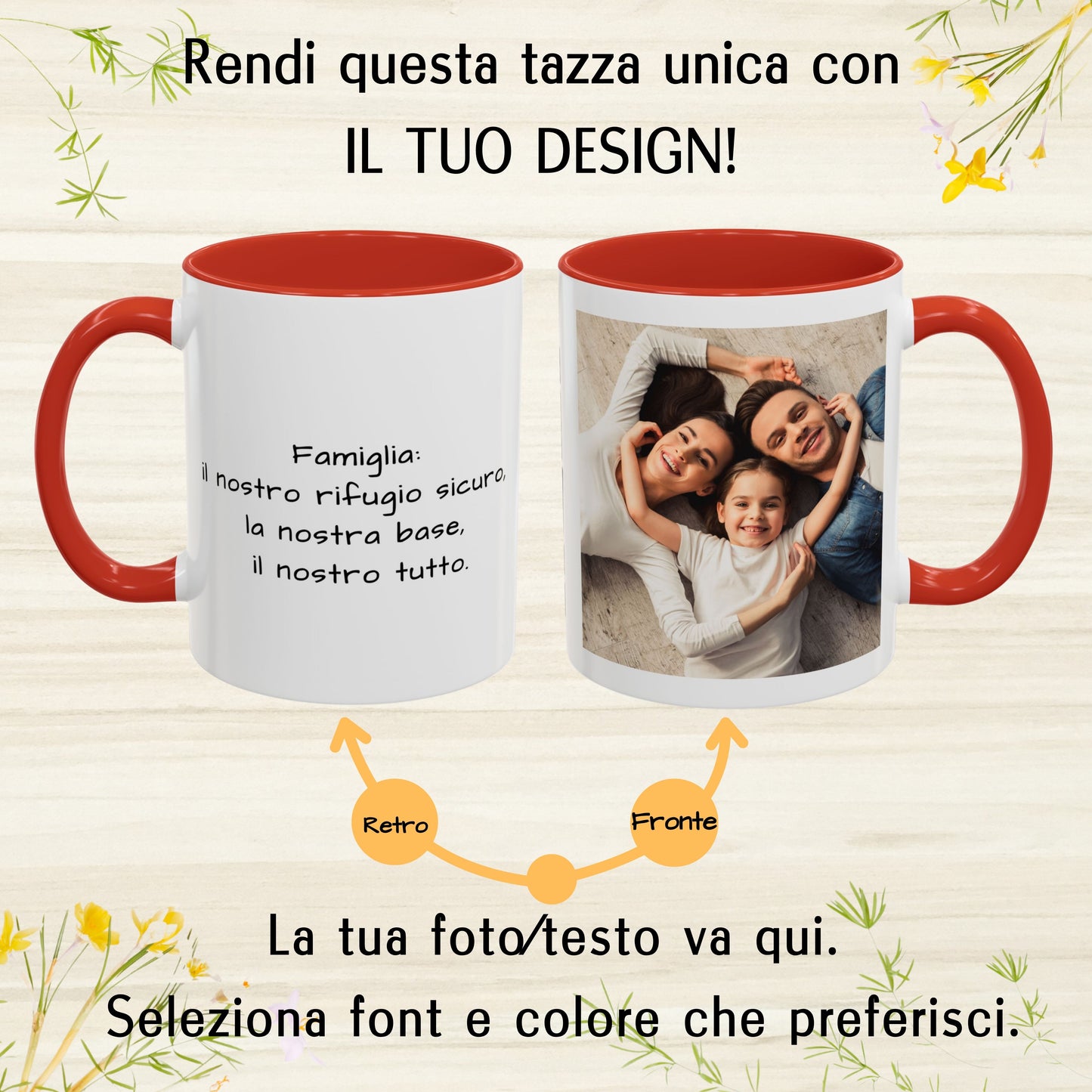 Tazza personalizzata, 325 ml Bianco/rosso Design quadrato Tazza da caffè in ceramica, Regalo personalizzato con foto, testo o logo