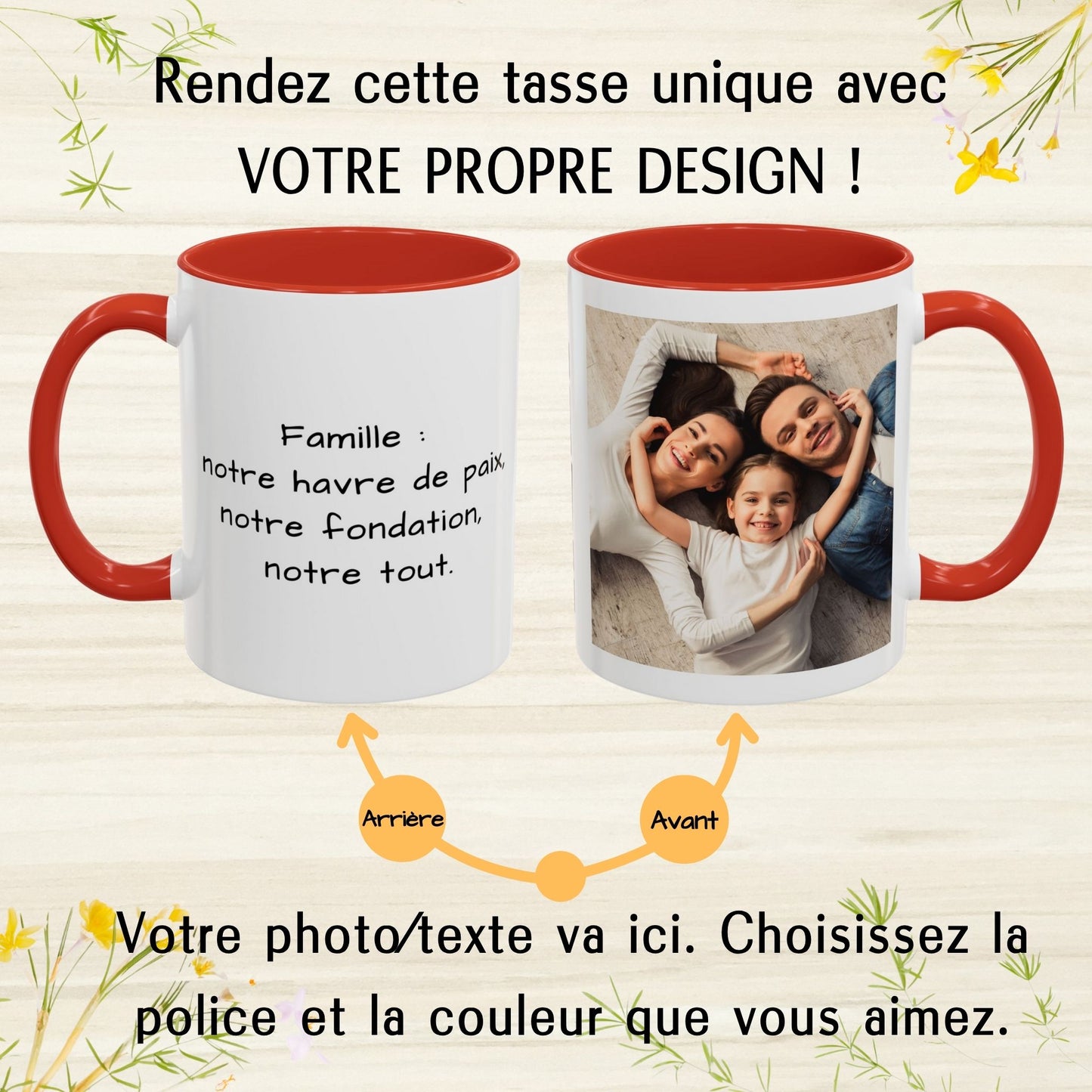 Mug personnalisé, Mug en céramique blanc/rouge à motif carré de 325 ml, Cadeau personnalisé avec photo, texte ou logo