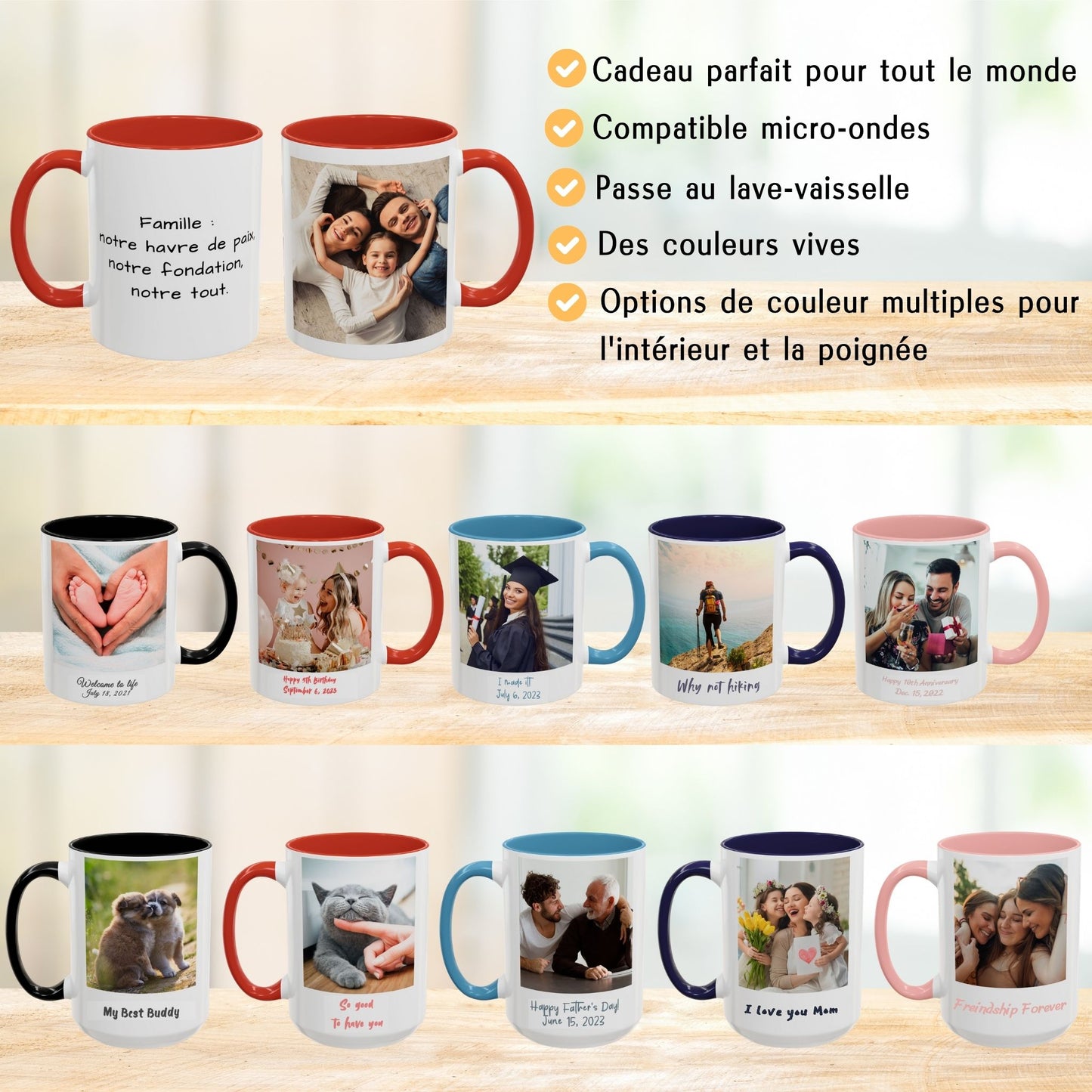 Mug personnalisé, Mug en céramique blanc/rouge à motif carré de 325 ml, Cadeau personnalisé avec photo, texte ou logo
