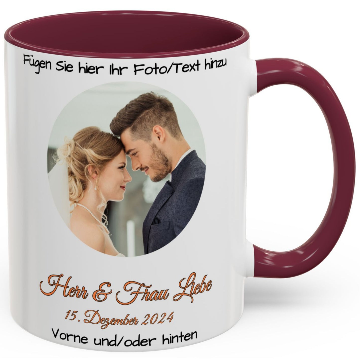 Personalisierte Tasse, weiß/bordeauxrot, 325 ml, Geschenkidee mit Foto, Text oder Logo, Kreisdesign