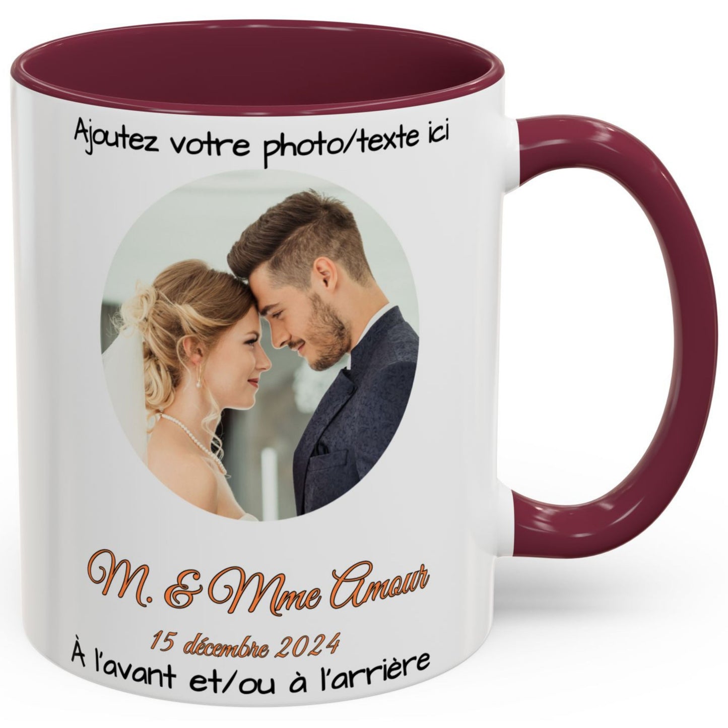 Personalisierte Tasse, 325ml, Keramik-Kaffeetasse, weiß/weinrot, mit Kreismotiv, personalisiertes Geschenk mit Foto, Text oder Logo