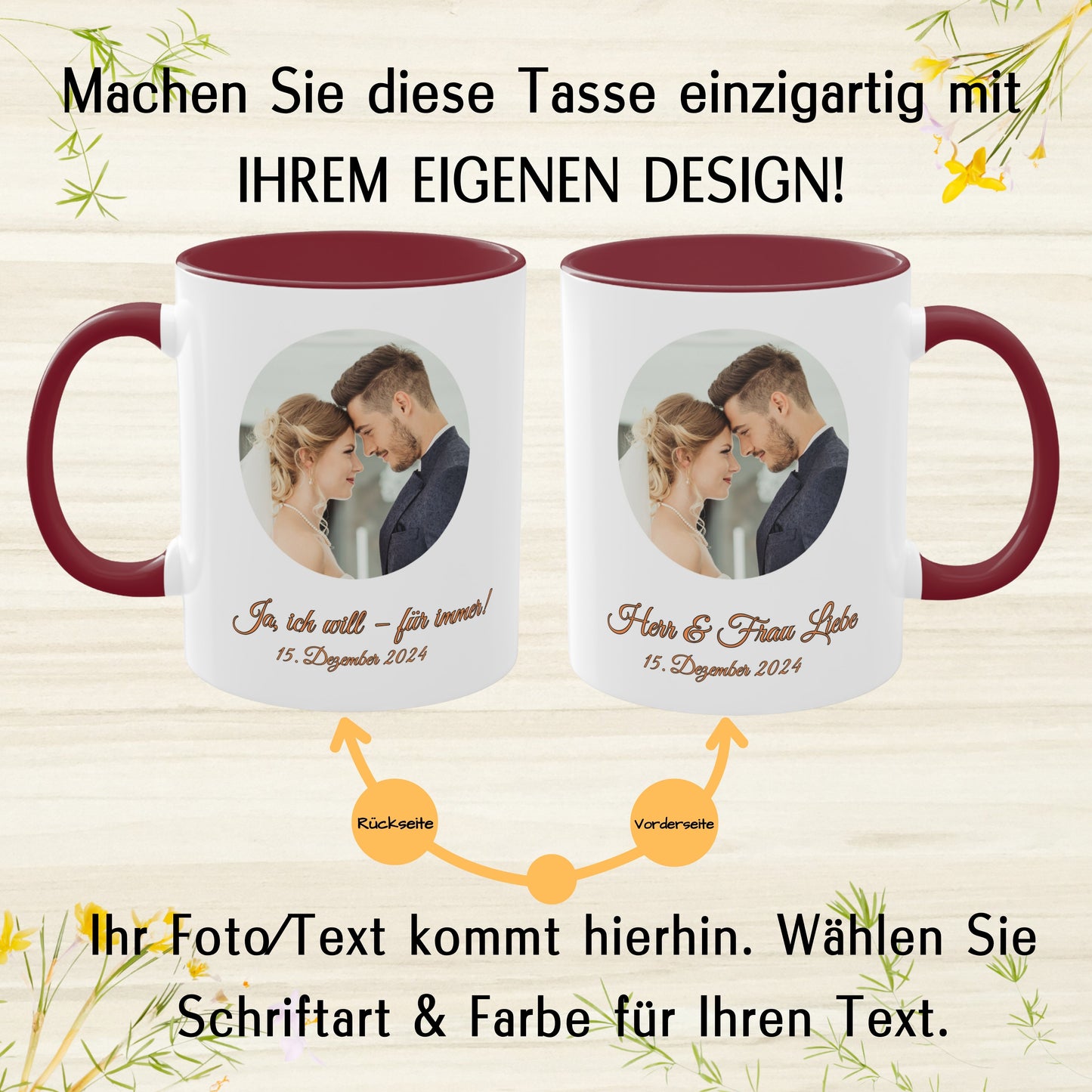 Personalisierte Tasse, weiß/bordeauxrot, 325 ml, Geschenkidee mit Foto, Text oder Logo, Kreisdesign