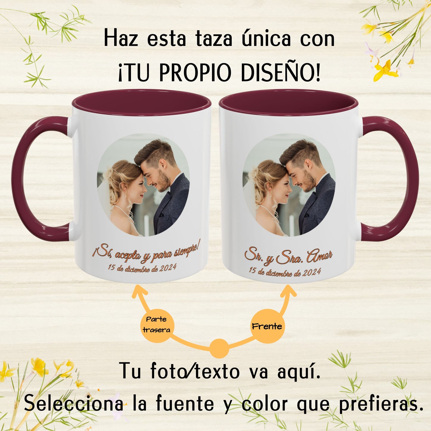 Taza personalizada, 325ml Blanco/granate Diseño circular Cerámica Taza de café, Regalo personalizado con foto, texto o logo
