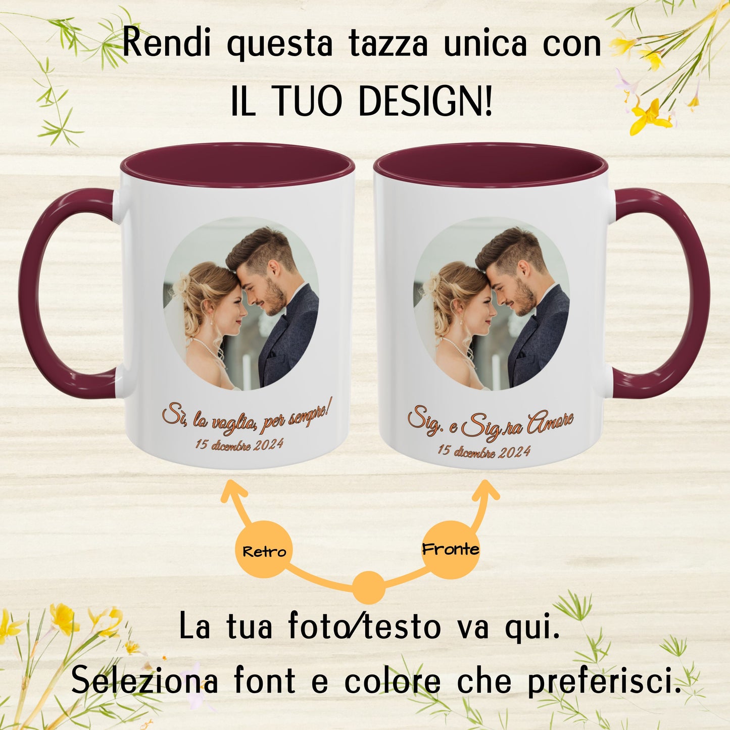 Tazza personalizzata, 325 ml Bianco/bordò Design circolare Tazza da caffè in ceramica, Regalo personalizzato con foto, testo o logo