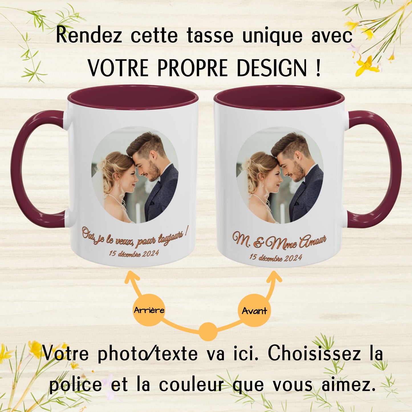 Personalisierte Tasse, 325ml, Keramik-Kaffeetasse, weiß/weinrot, mit Kreismotiv, personalisiertes Geschenk mit Foto, Text oder Logo