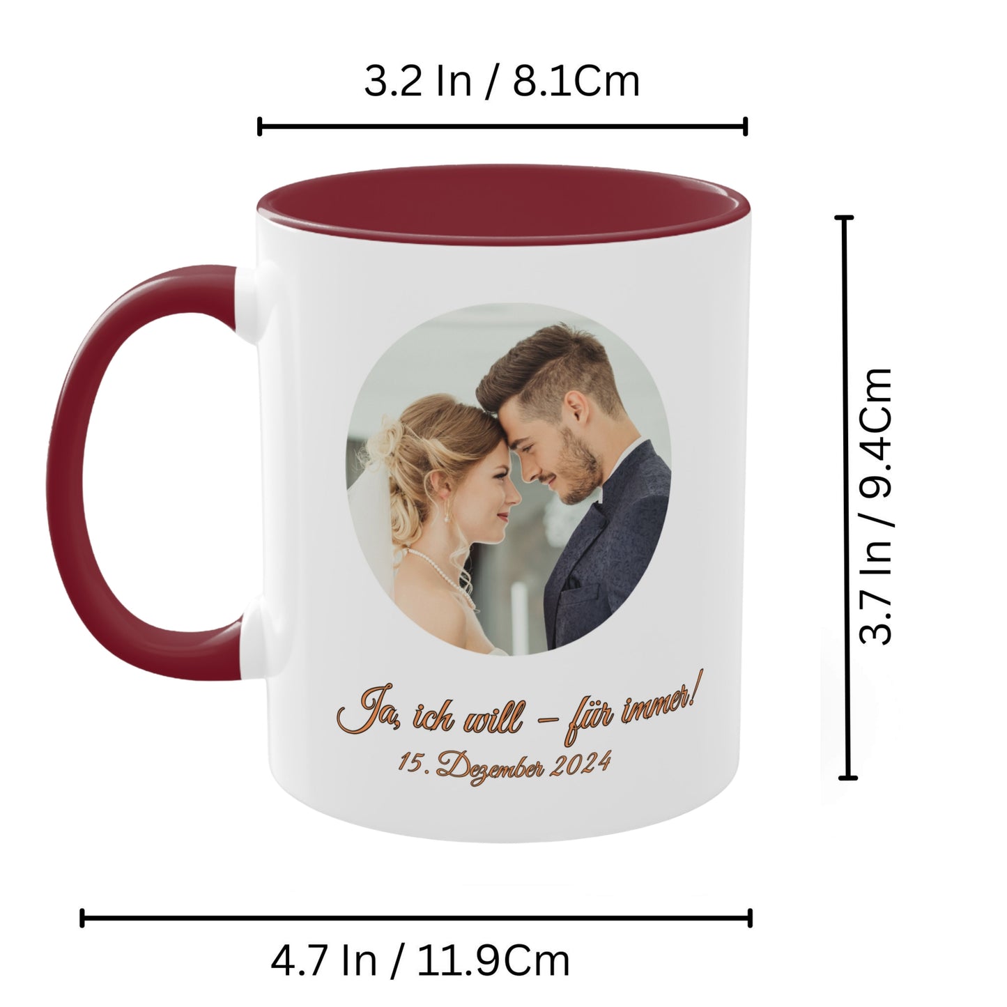 Personalisierte Tasse, weiß/bordeauxrot, 325 ml, Geschenkidee mit Foto, Text oder Logo, Kreisdesign