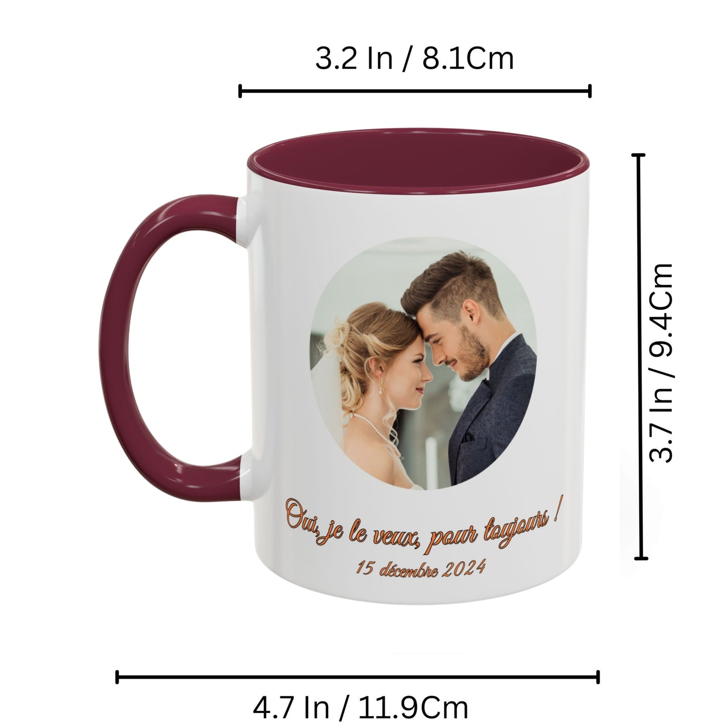 Personalisierte Tasse, 325ml, Keramik-Kaffeetasse, weiß/weinrot, mit Kreismotiv, personalisiertes Geschenk mit Foto, Text oder Logo