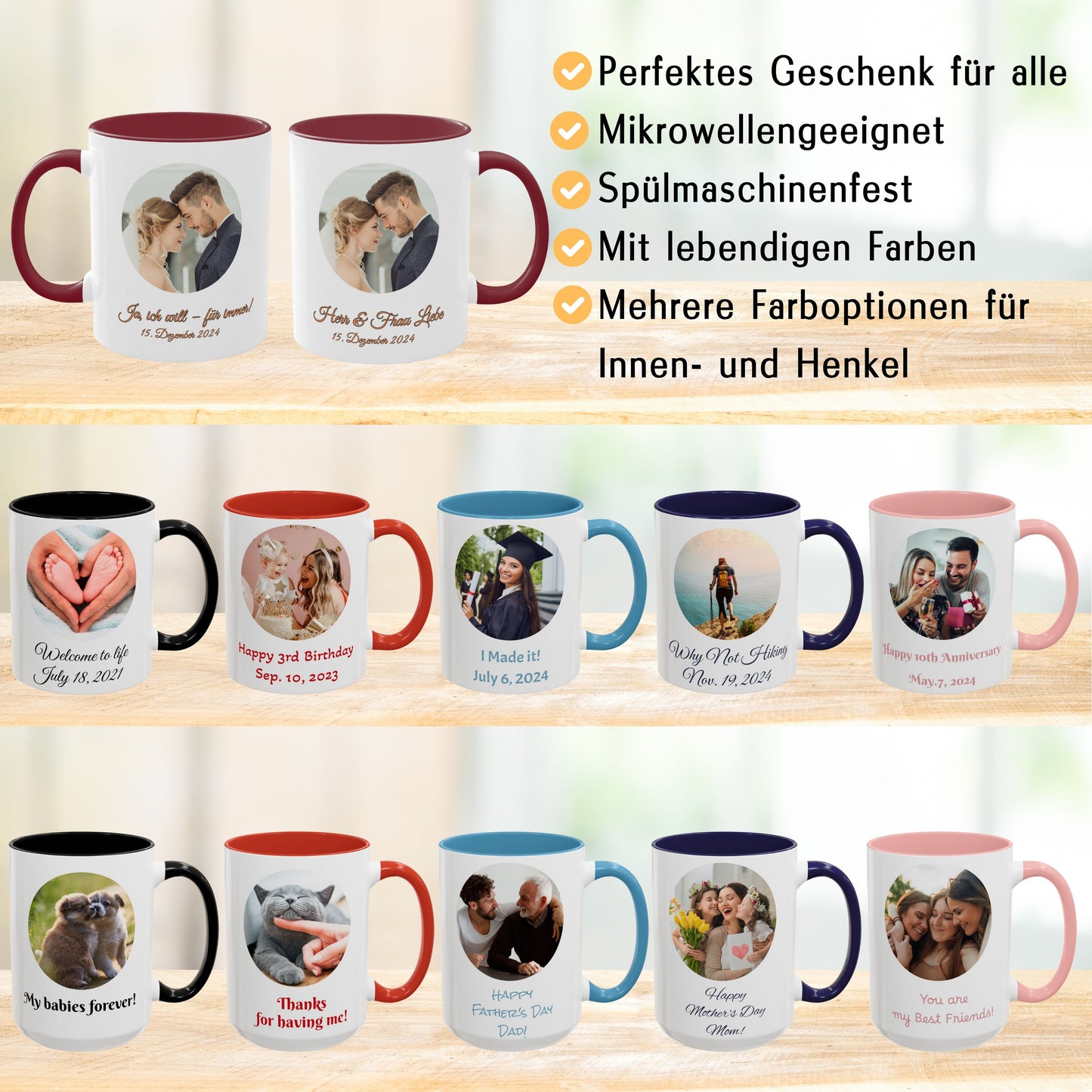 Personalisierte Tasse, weiß/bordeauxrot, 325 ml, Geschenkidee mit Foto, Text oder Logo, Kreisdesign