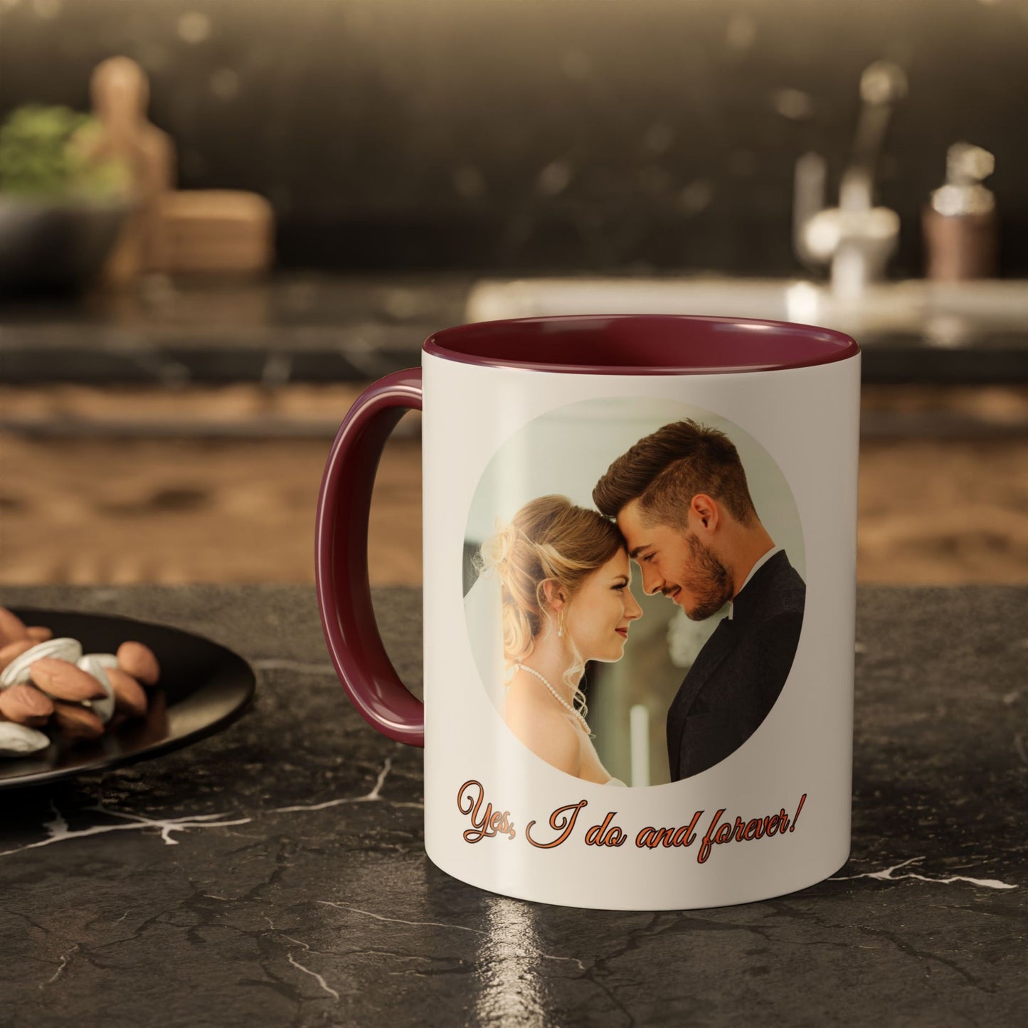 Personalisierte Tasse, weiß/bordeauxrot, 325 ml, Geschenkidee mit Foto, Text oder Logo, Kreisdesign