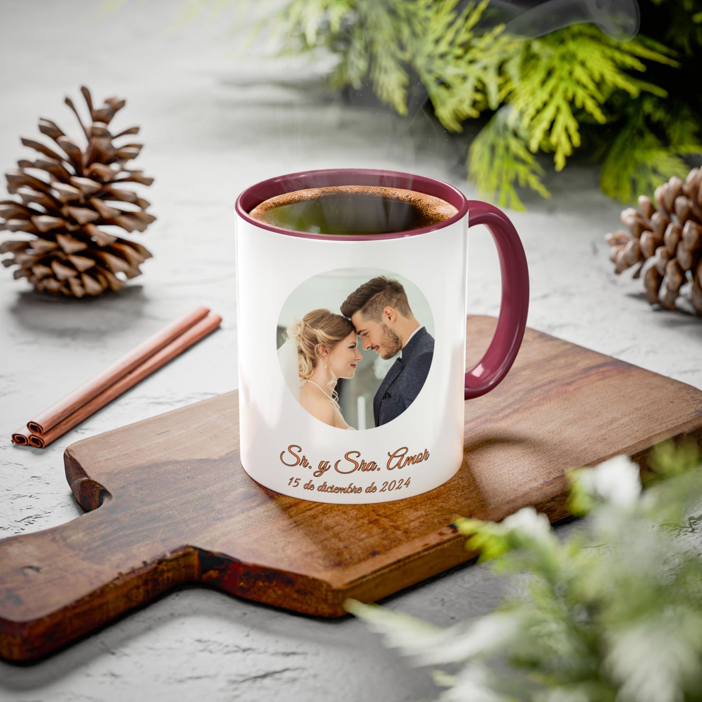 Taza personalizada, 325ml Blanco/granate Diseño circular Cerámica Taza de café, Regalo personalizado con foto, texto o logo