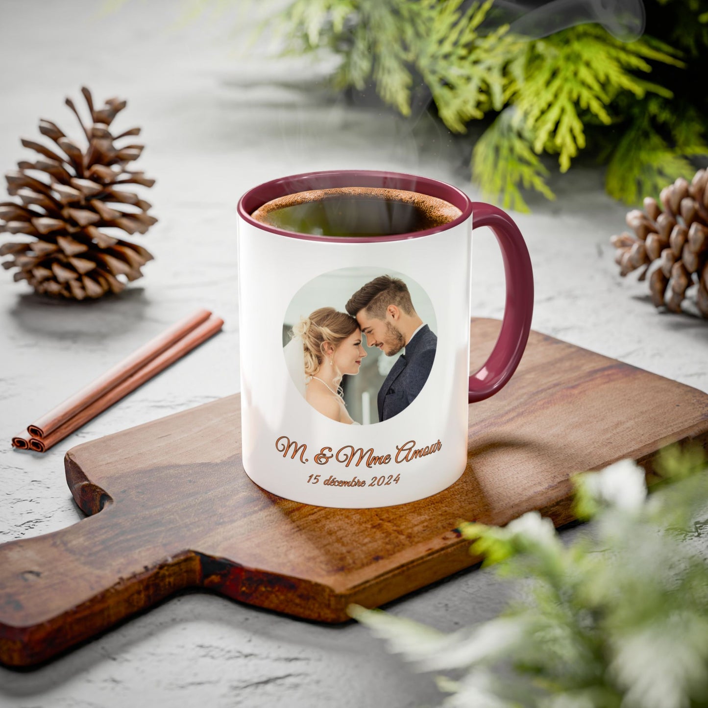 Personalisierte Tasse, 325ml, Keramik-Kaffeetasse, weiß/weinrot, mit Kreismotiv, personalisiertes Geschenk mit Foto, Text oder Logo