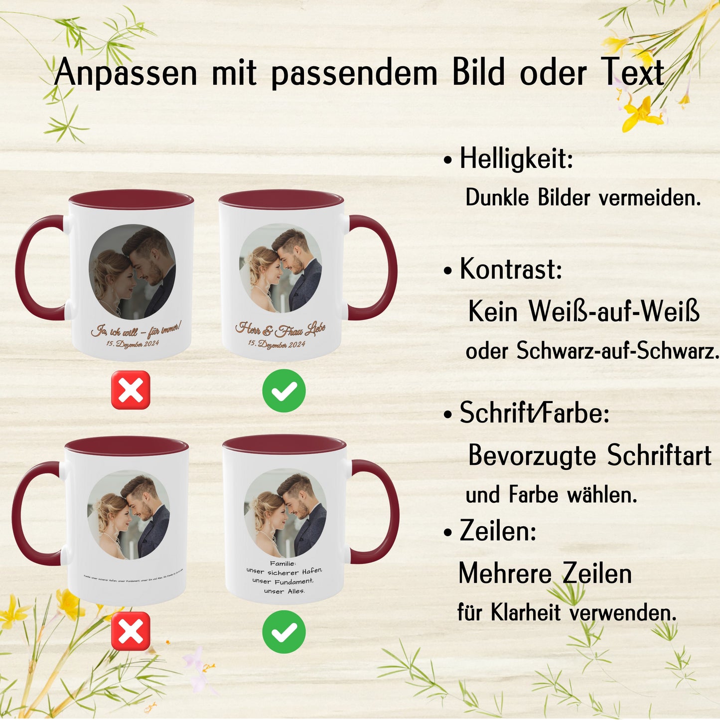 Personalisierte Tasse, weiß/bordeauxrot, 325 ml, Geschenkidee mit Foto, Text oder Logo, Kreisdesign