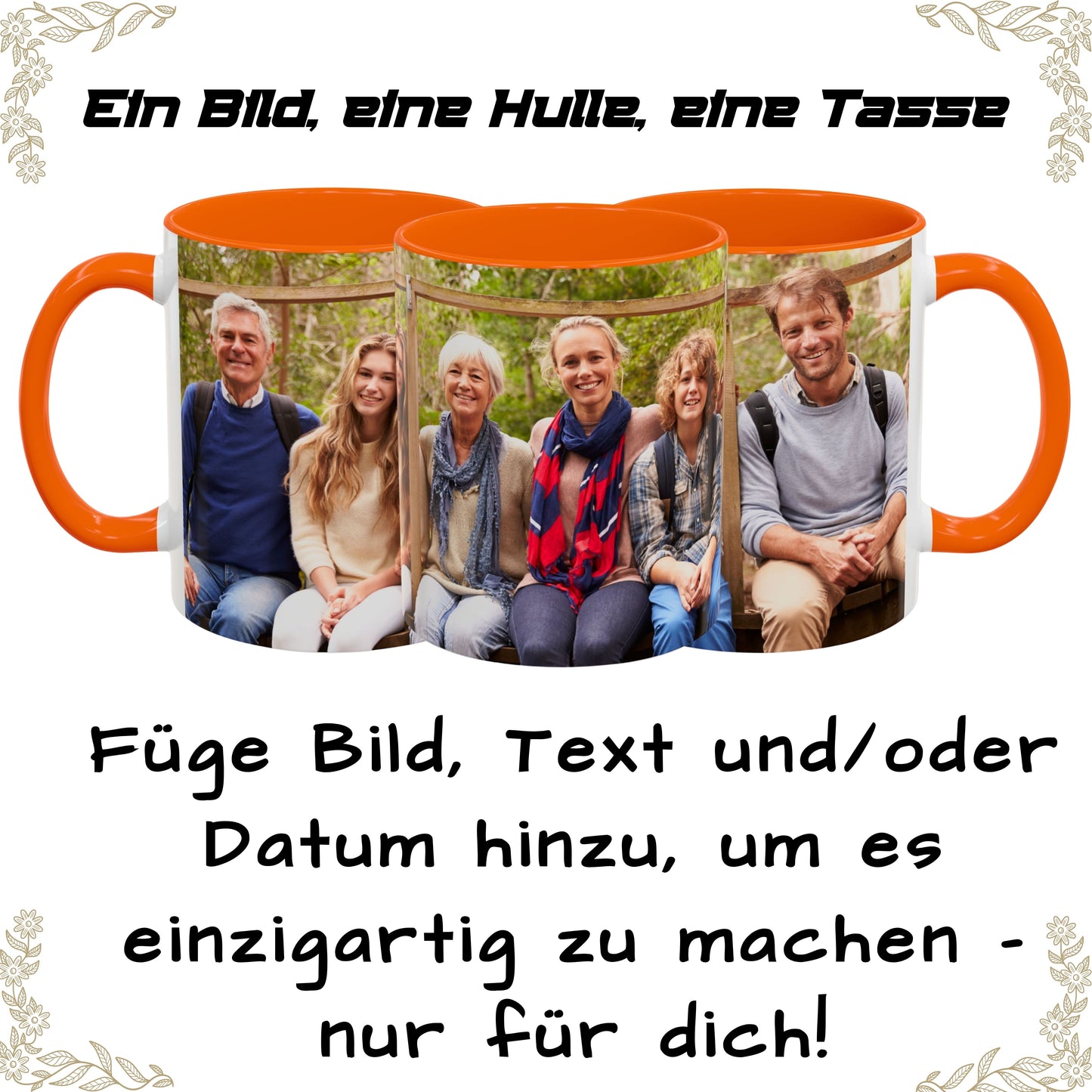 Mug personnalisé, Mug à café en céramique 325 ml blanc/orange avec motif enveloppant, Cadeau personnalisé avec photo, texte ou logo