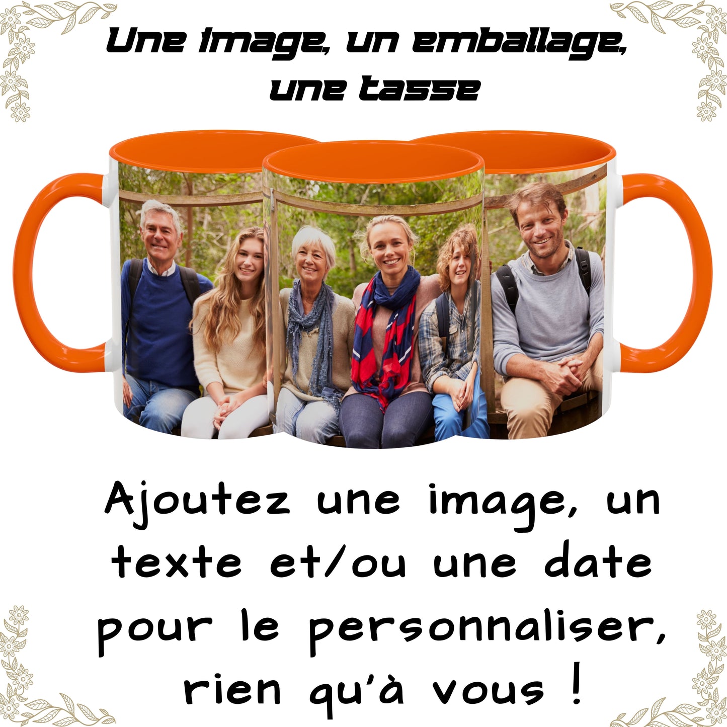 Mug personnalisé, Mug à café en céramique 325 ml blanc/orange avec motif enveloppant, Cadeau personnalisé avec photo, texte ou logo