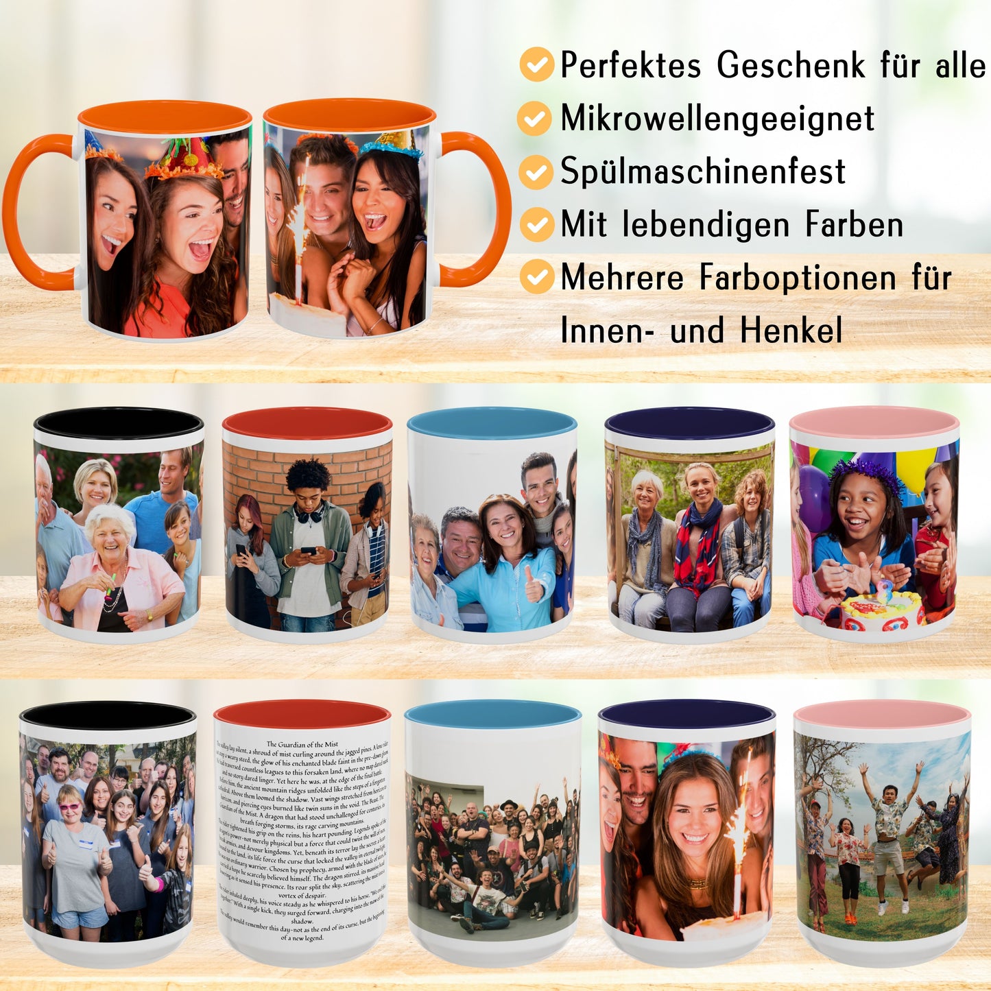 Mug personnalisé, Mug à café en céramique 325 ml blanc/orange avec motif enveloppant, Cadeau personnalisé avec photo, texte ou logo