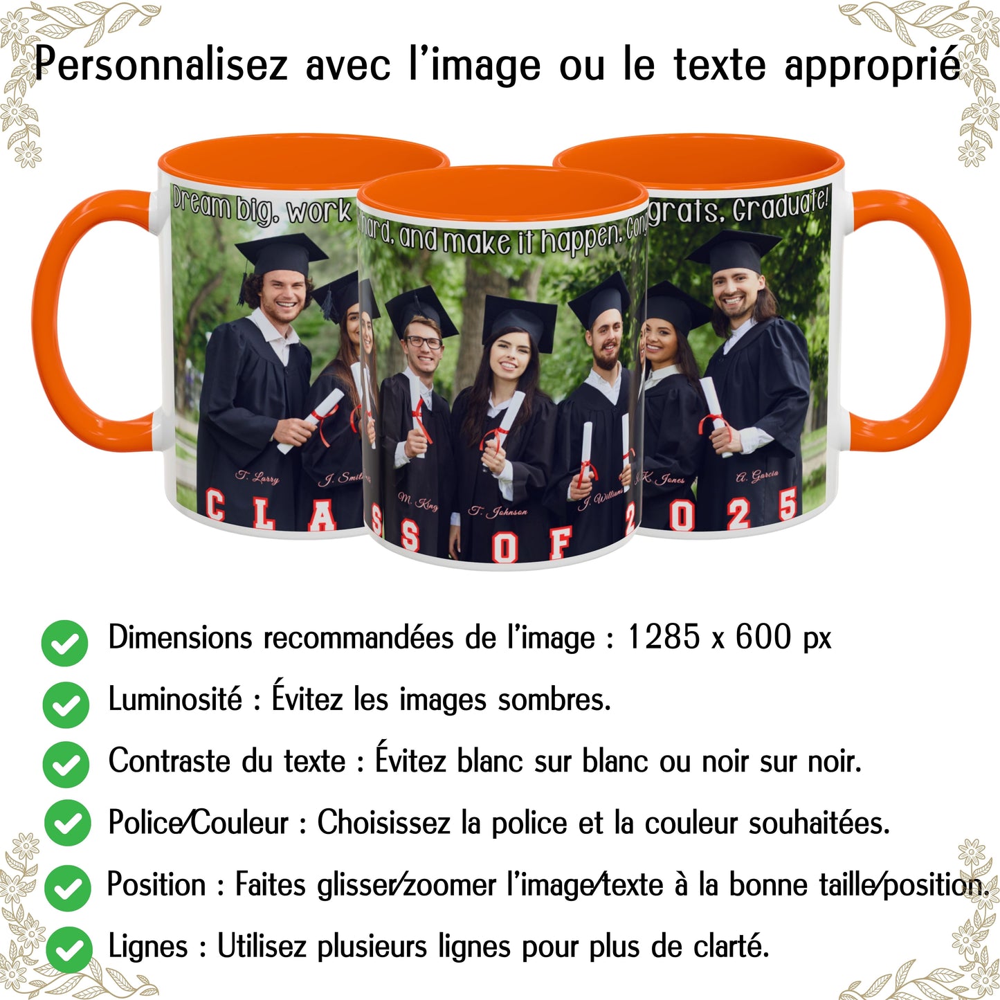 Mug personnalisé, Mug à café en céramique 325 ml blanc/orange avec motif enveloppant, Cadeau personnalisé avec photo, texte ou logo