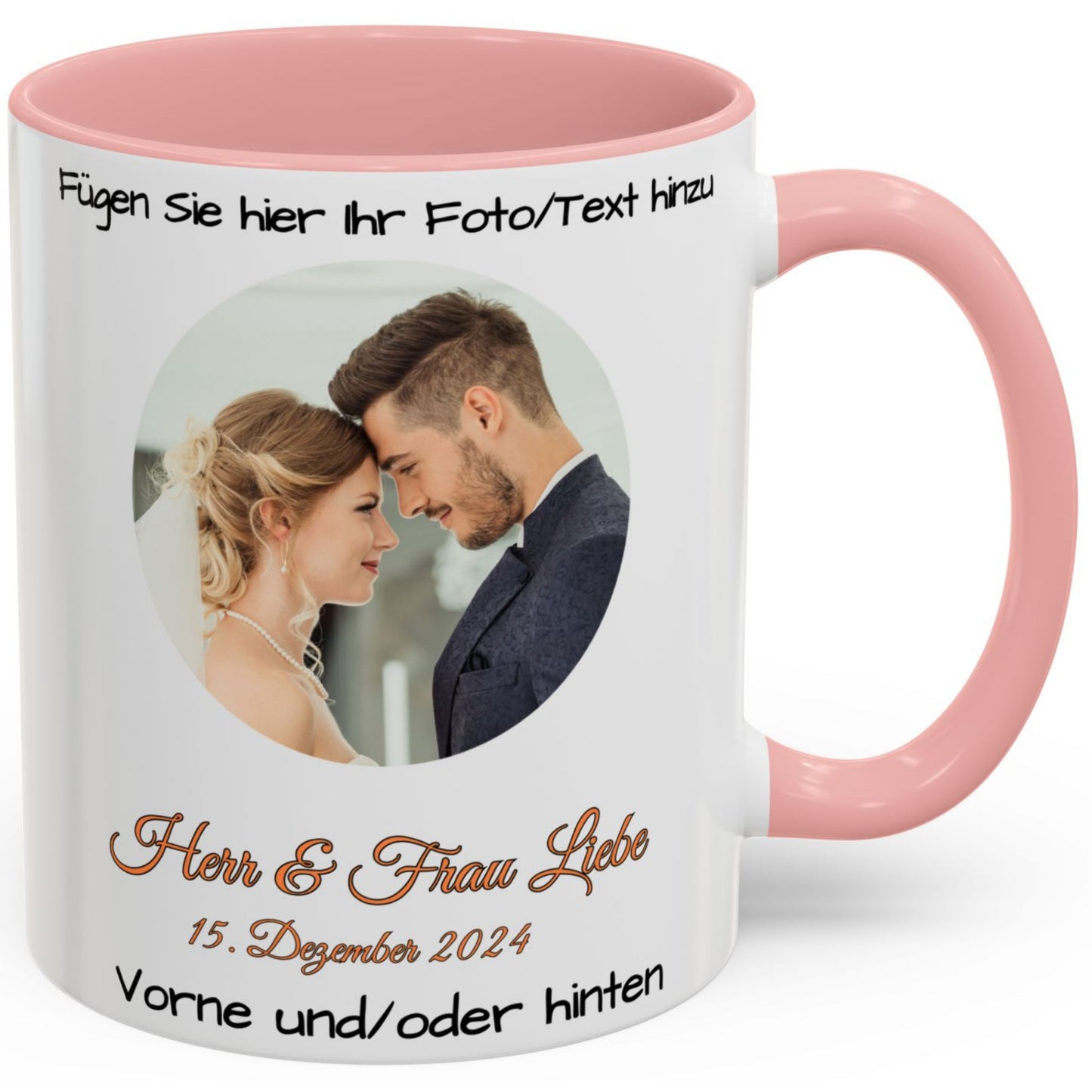 Individuelle Tasse, 325ml, weiß/pinkes Kreis-Design, Keramik-Kaffeetasse, personalisiertes Geschenk mit Foto, Text oder Logo