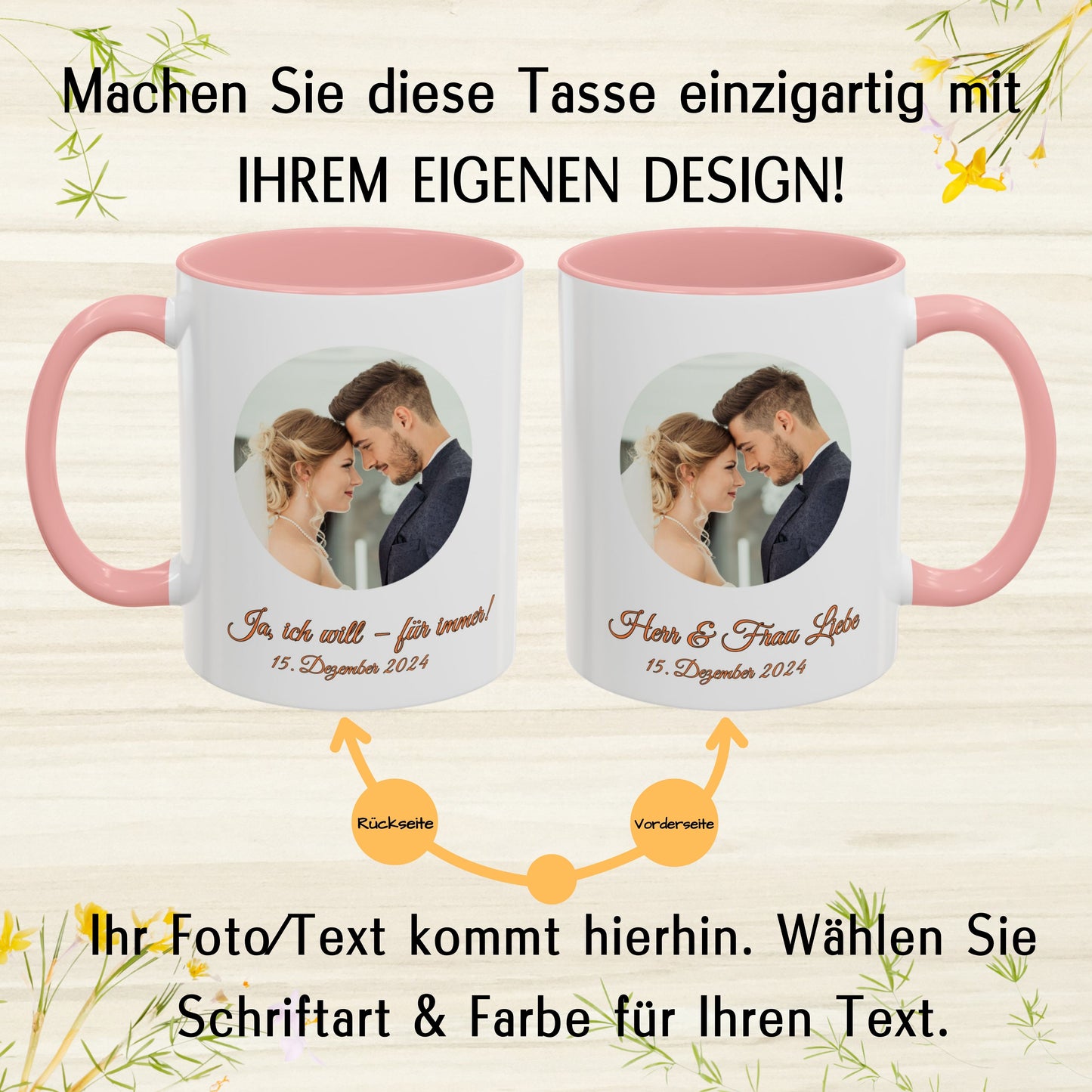 Individuelle Tasse, 325ml, weiß/pinkes Kreis-Design, Keramik-Kaffeetasse, personalisiertes Geschenk mit Foto, Text oder Logo