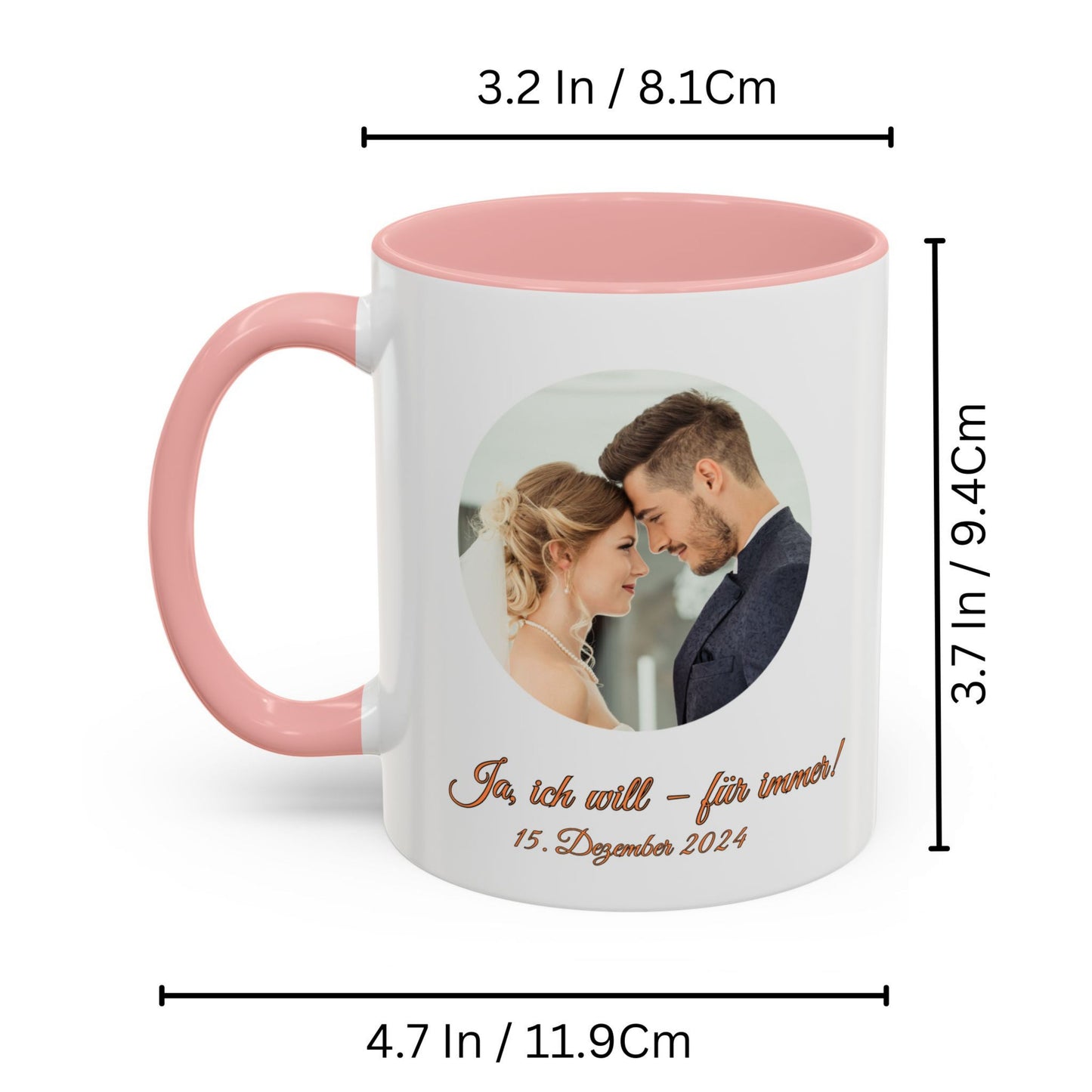 Individuelle Tasse, 325ml, weiß/pinkes Kreis-Design, Keramik-Kaffeetasse, personalisiertes Geschenk mit Foto, Text oder Logo