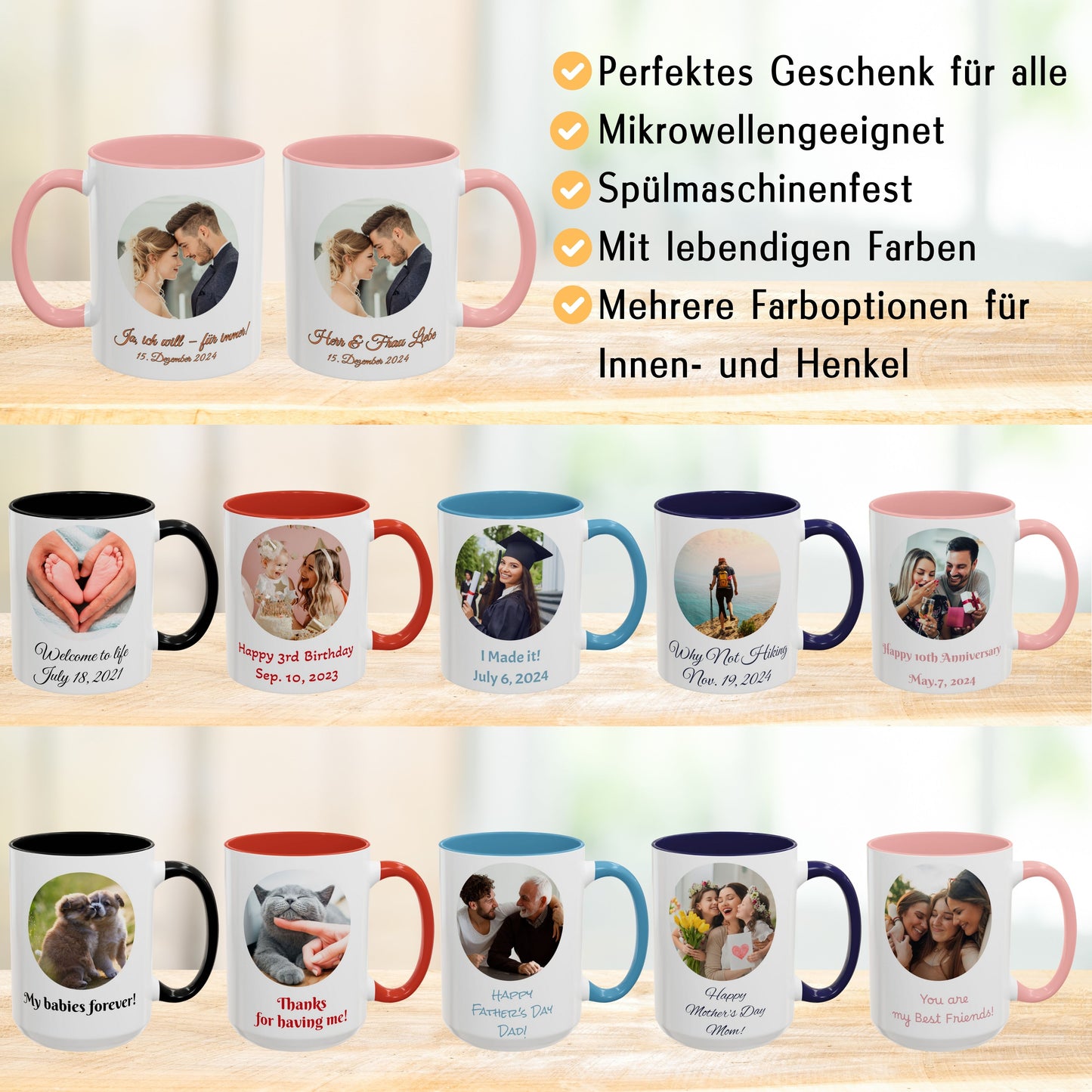 Individuelle Tasse, 325ml, weiß/pinkes Kreis-Design, Keramik-Kaffeetasse, personalisiertes Geschenk mit Foto, Text oder Logo
