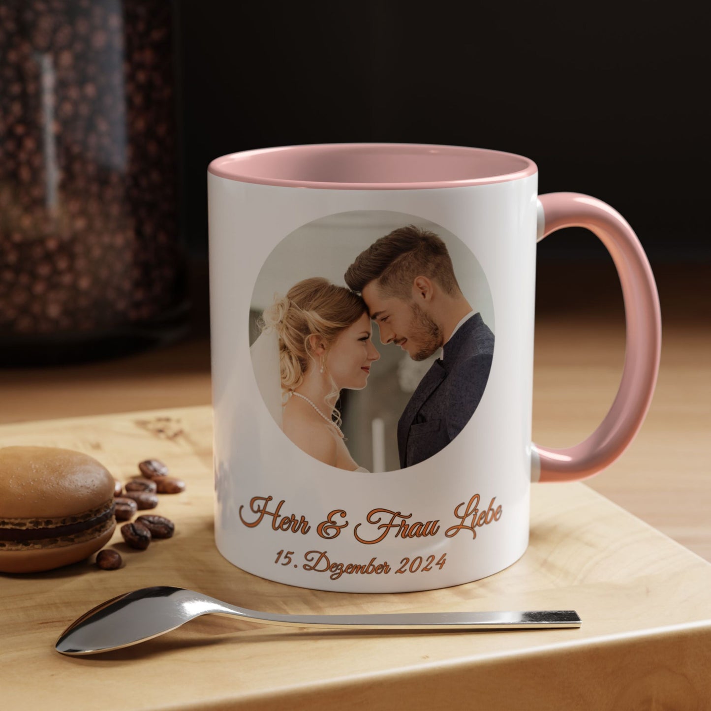 Individuelle Tasse, 325ml, weiß/pinkes Kreis-Design, Keramik-Kaffeetasse, personalisiertes Geschenk mit Foto, Text oder Logo
