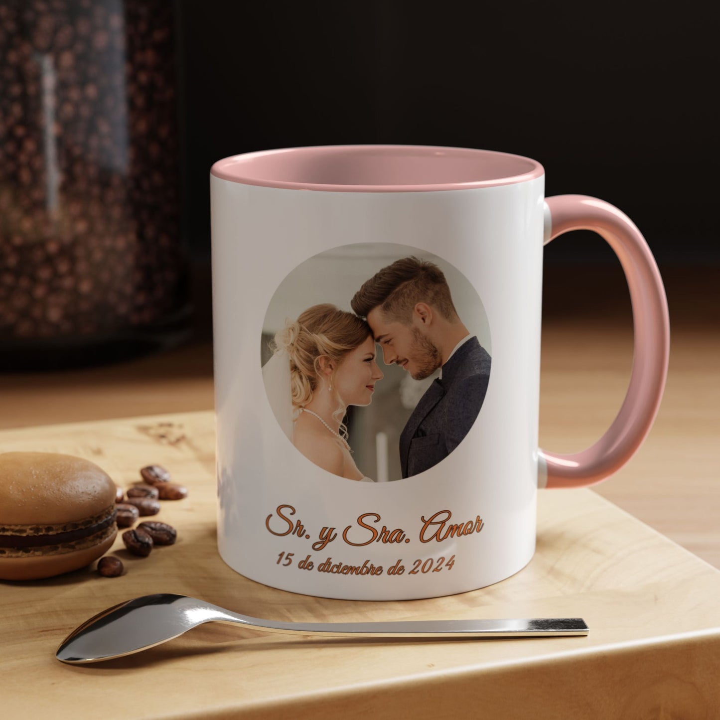 Taza personalizada, 325ml Blanco/rosa Diseño circular Cerámica Taza de café, Regalo personalizado con foto, texto o logo