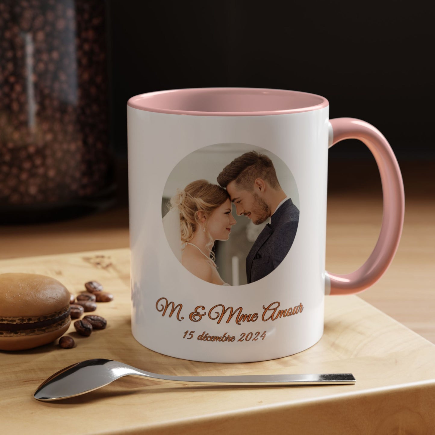 Individuelle Tasse, 325ml, weiß/pinkes Kreis-Design, Keramik-Kaffeetasse, personalisiertes Geschenk mit Foto, Text oder Logo