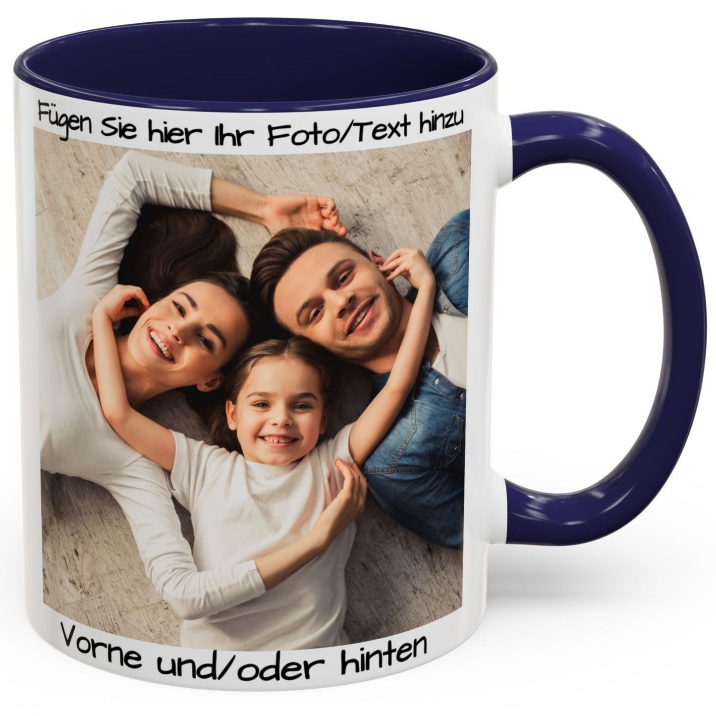 Personalisierte Tasse, weiß/marineblau, 325 ml, Geschenkidee mit Foto, Text oder Logo, quadratisches Design
