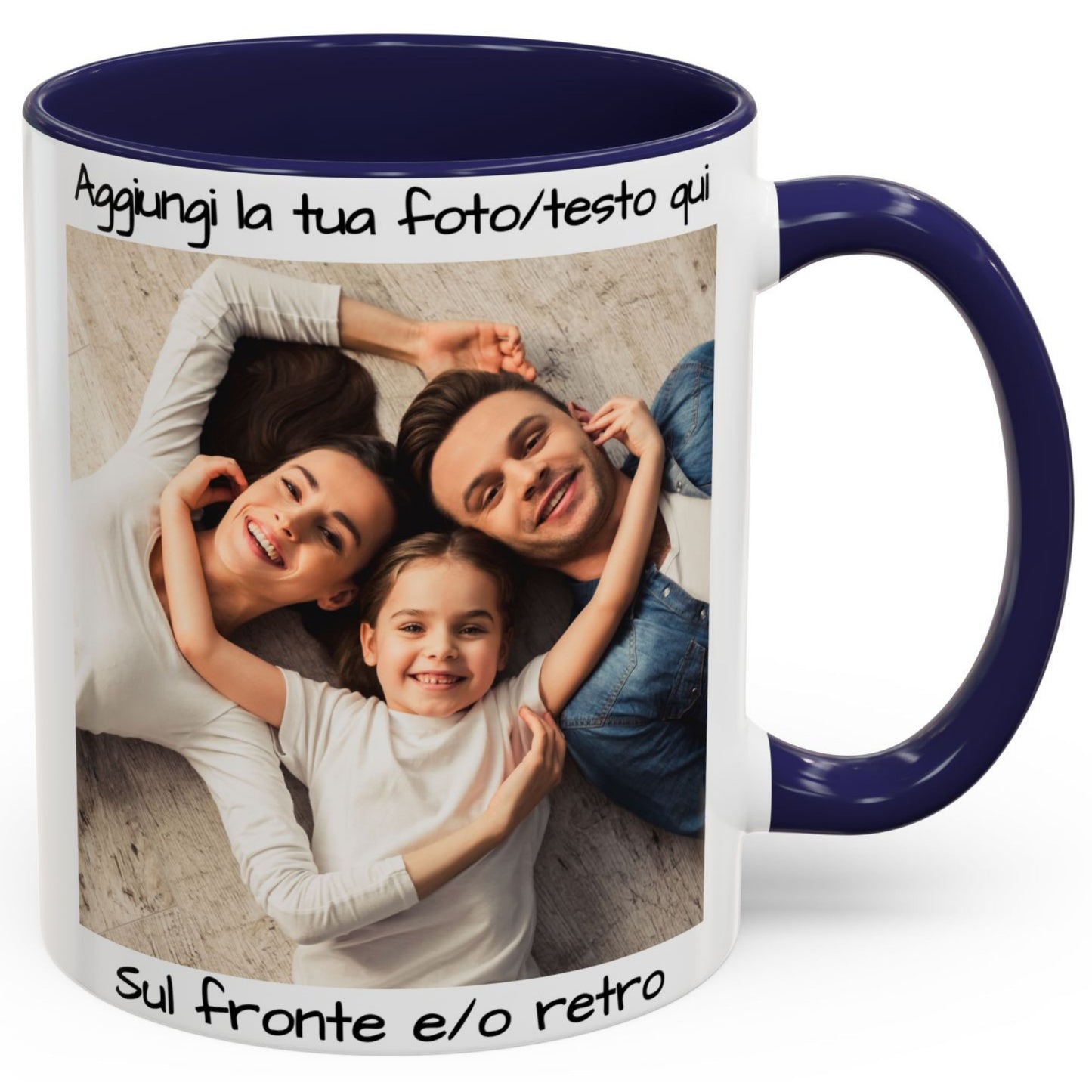 Tazza personalizzata, 325 ml Bianco/blu navy Design quadrato Tazza da caffè in ceramica, Regalo personalizzato con foto, testo o logo