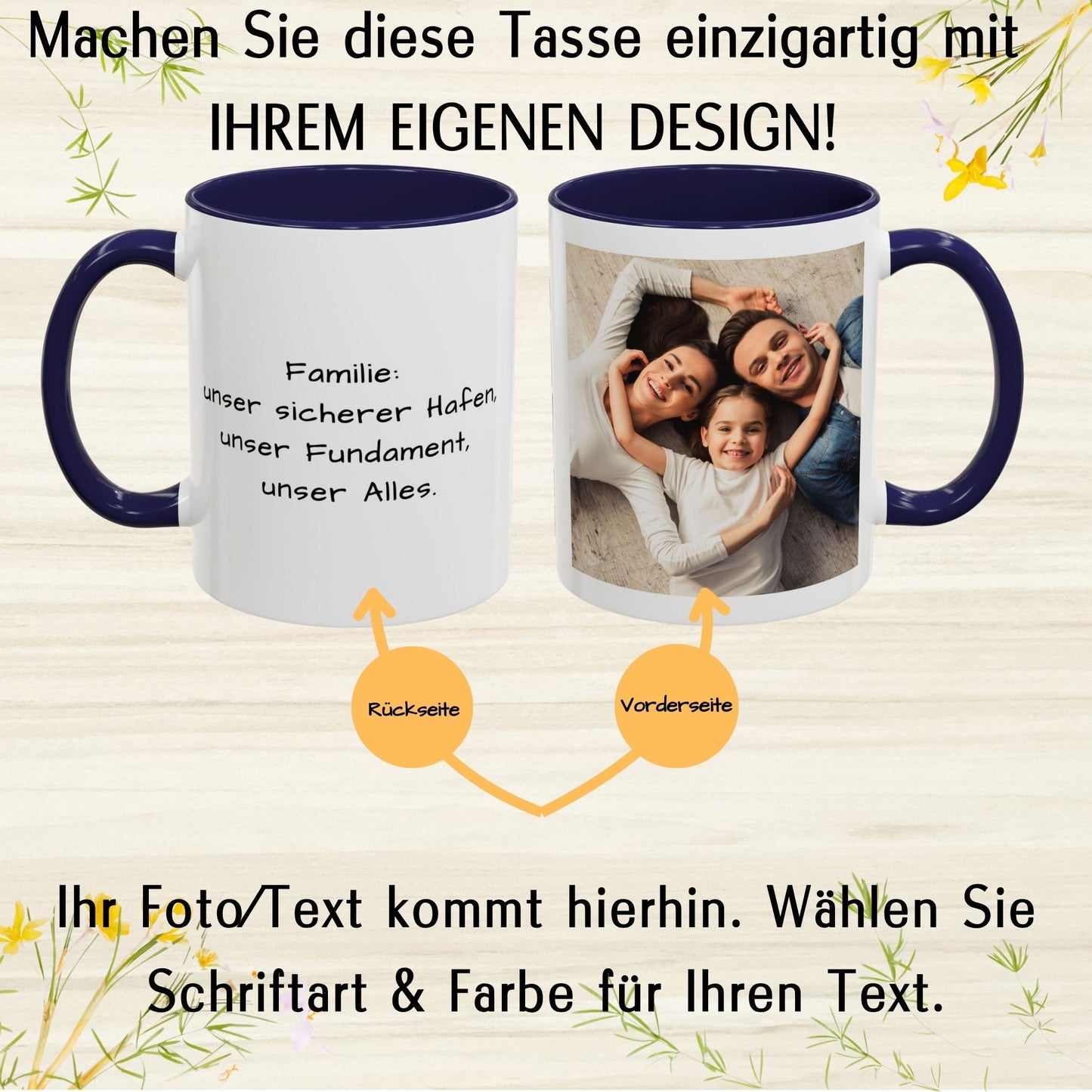 Personalisierte Tasse, weiß/marineblau, 325 ml, Geschenkidee mit Foto, Text oder Logo, quadratisches Design