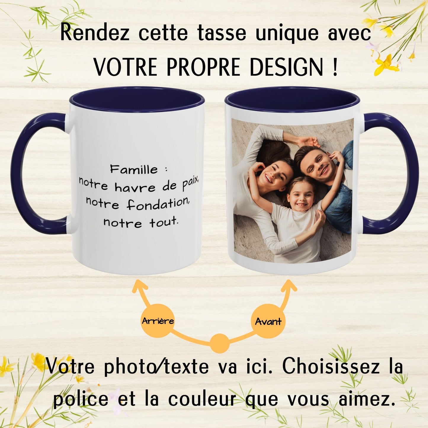 Mug personnalisé, Mug à café en céramique blanc/bleu marine de 325 ml à motif carré, Cadeau personnalisé avec photo, texte ou logo