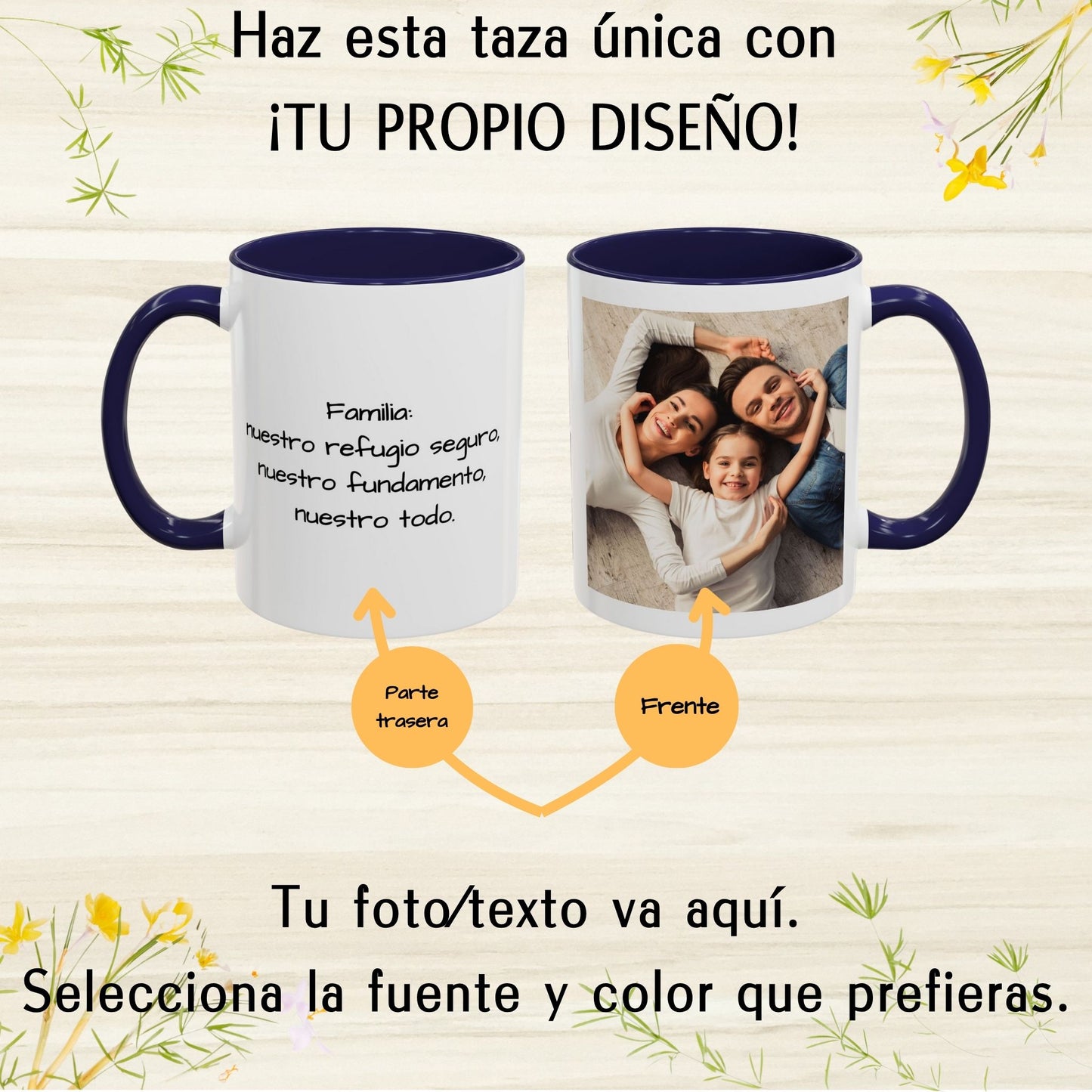 Mug personnalisé, 325ml Blanc/Bleu Marine Design carré Céramique Tasse à café, Cadeau personnalisé avec photo, texte ou logo