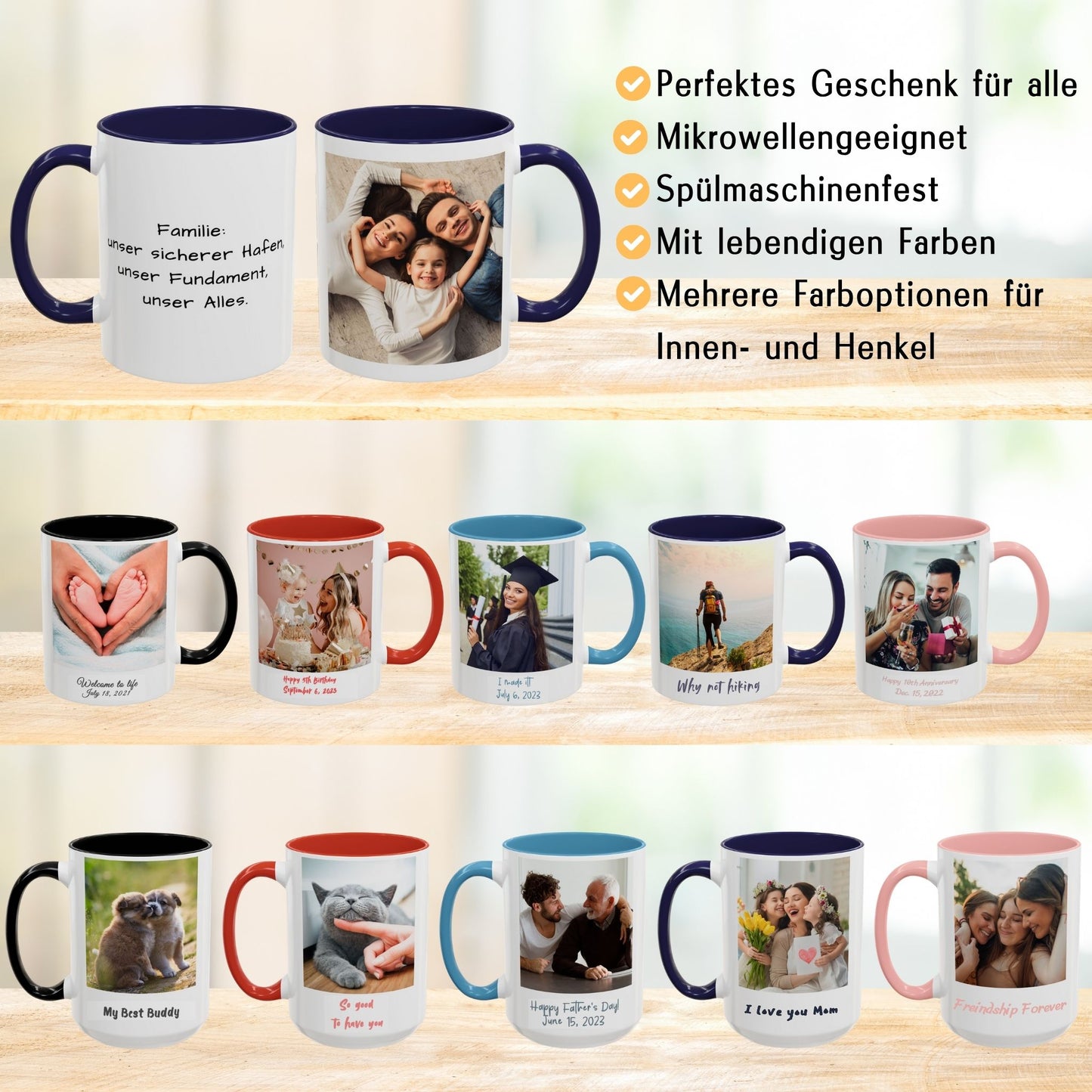 Personalisierte Tasse, weiß/marineblau, 325 ml, Geschenkidee mit Foto, Text oder Logo, quadratisches Design